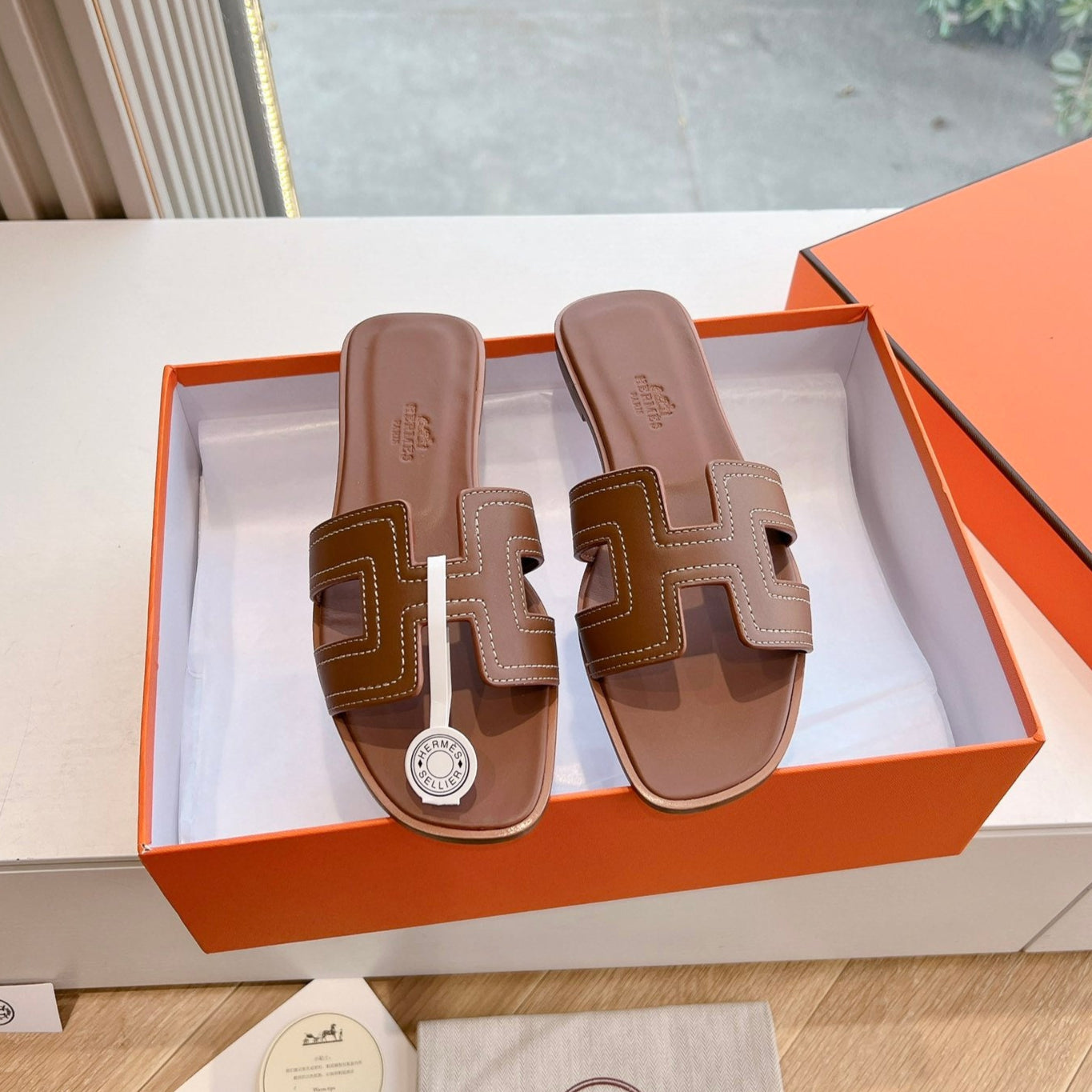 HM 25 Oran Sandal Brown Calfskin White Thread Embroidery