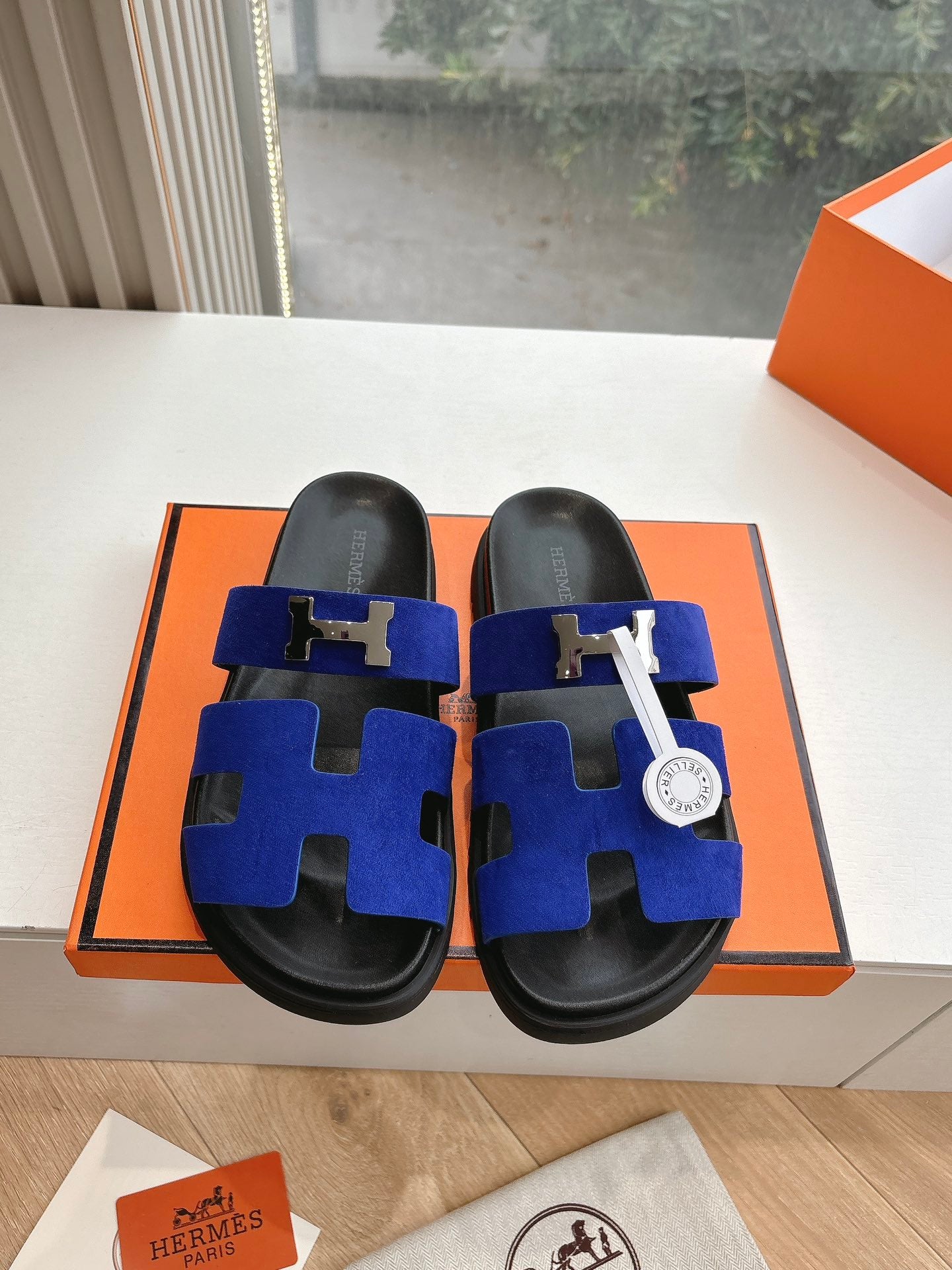 HM 25 Chypre Sandal Blue Suede Calfskin Silver H