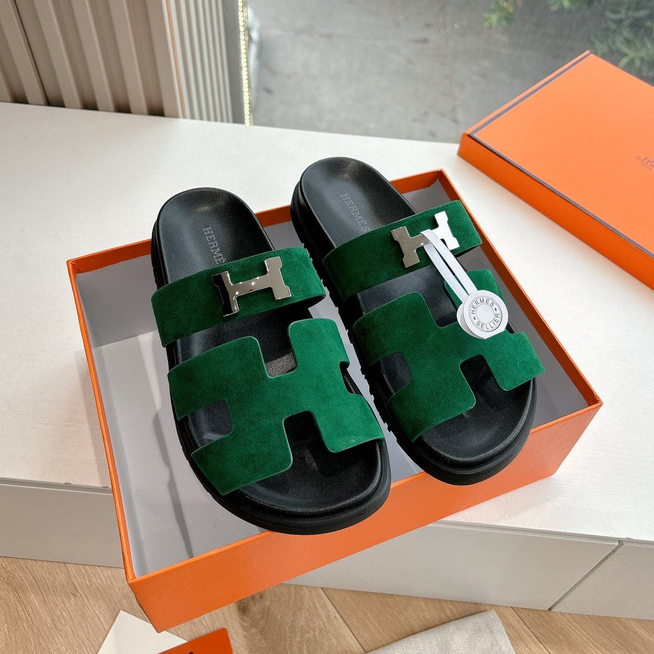 HM 25 Chypre Sandal Green Suede Calfskin Silver H