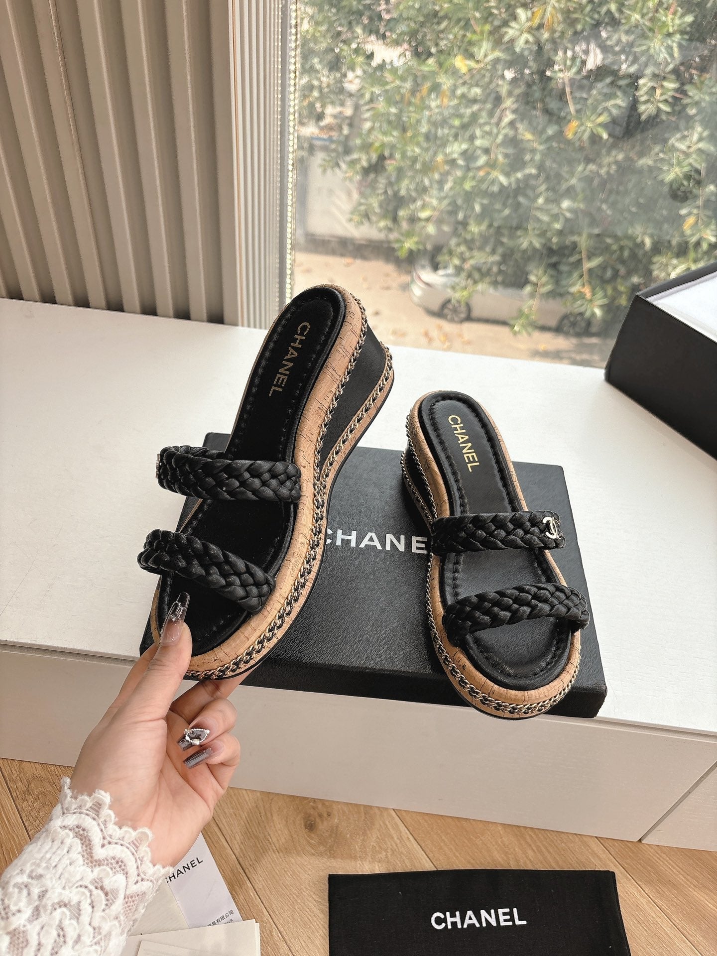 CC Sandals Black original braided 6cm lambskin 202892