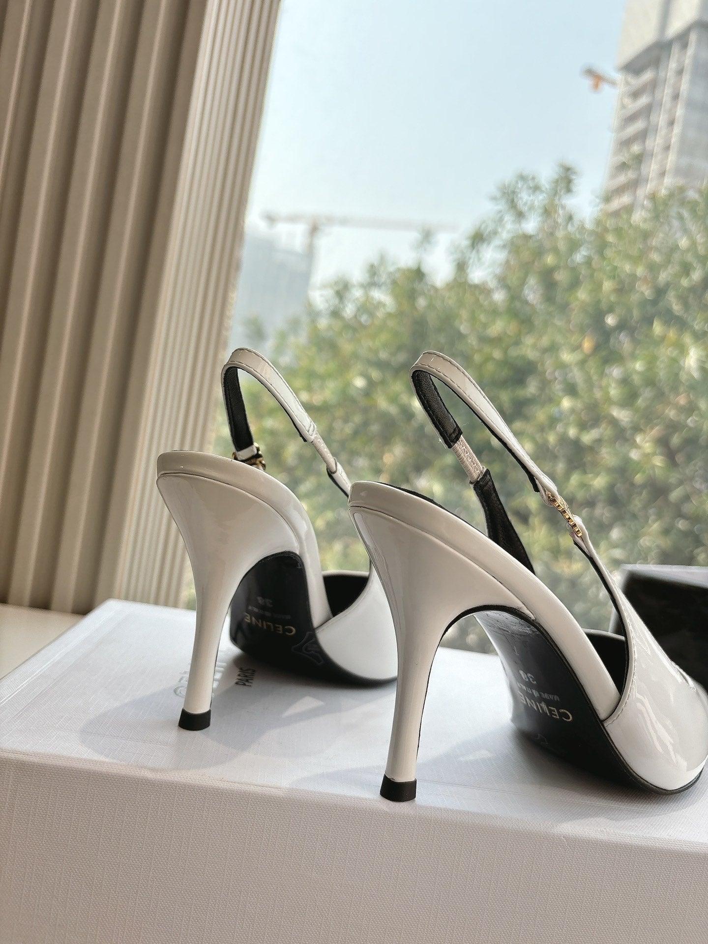 CELINE Slingbacks White Patent Leather 285940