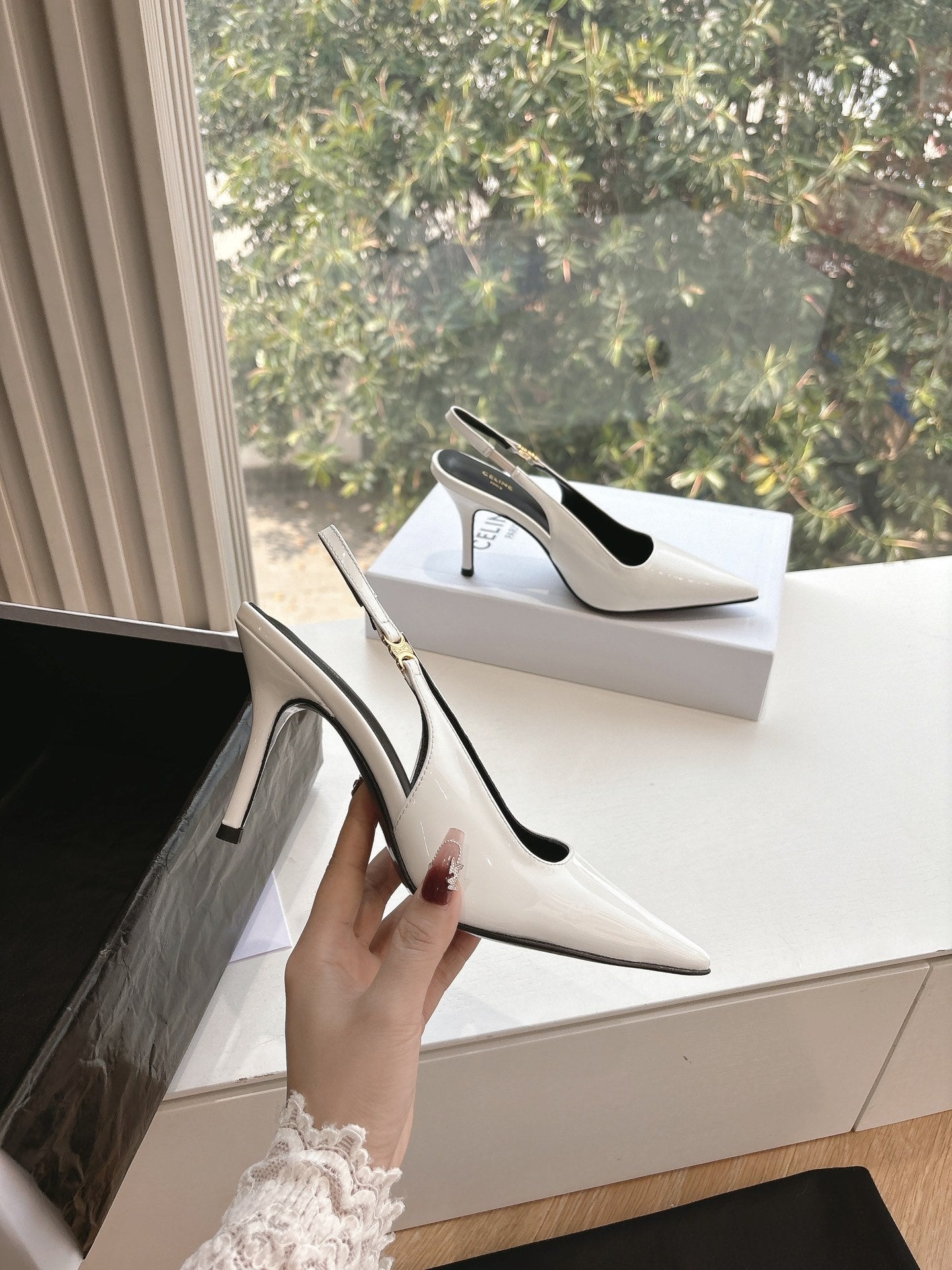 CELINE Slingbacks White Patent Leather 285940
