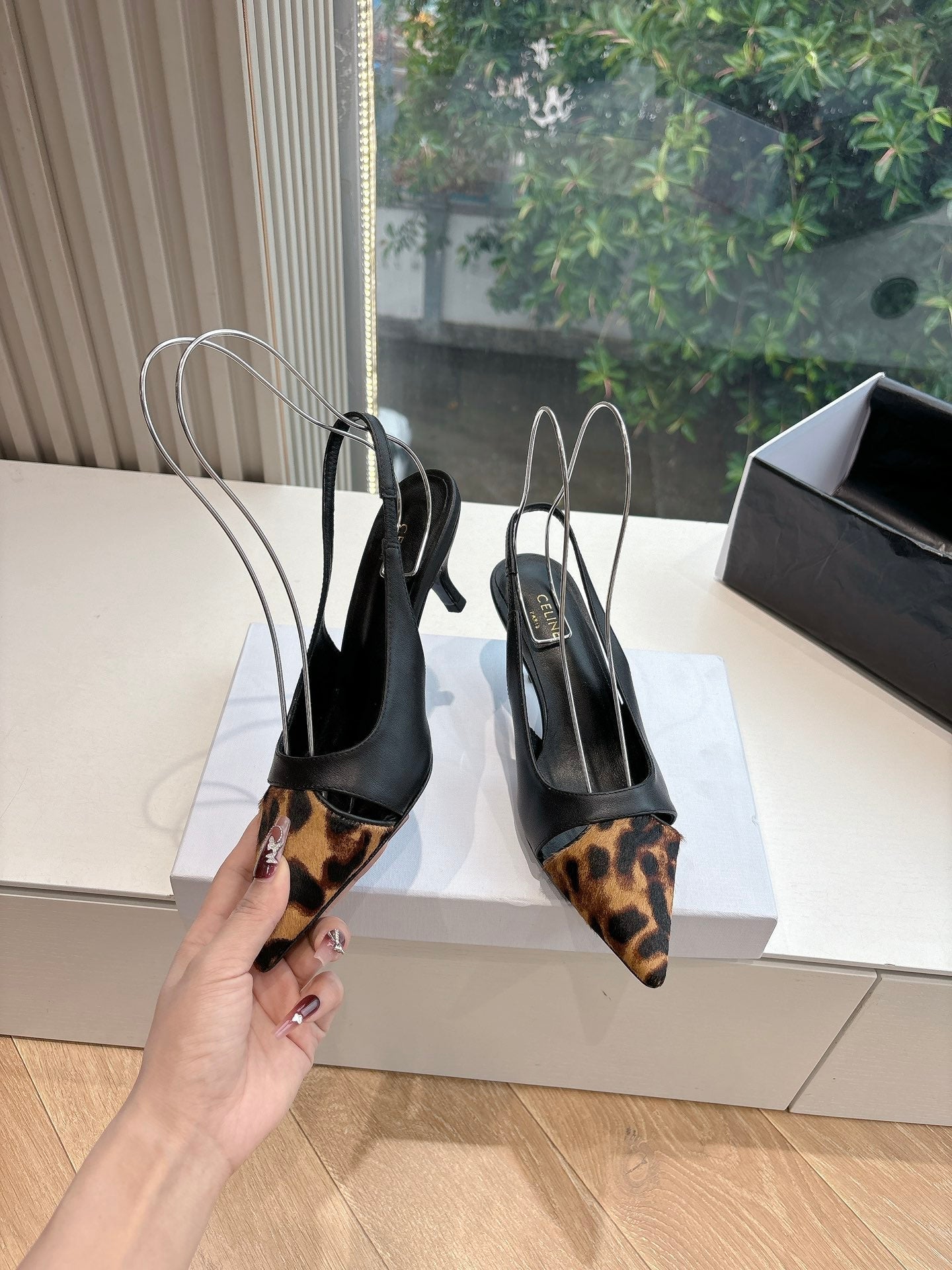CELINE Slingback  Leopard Black Leather 285983