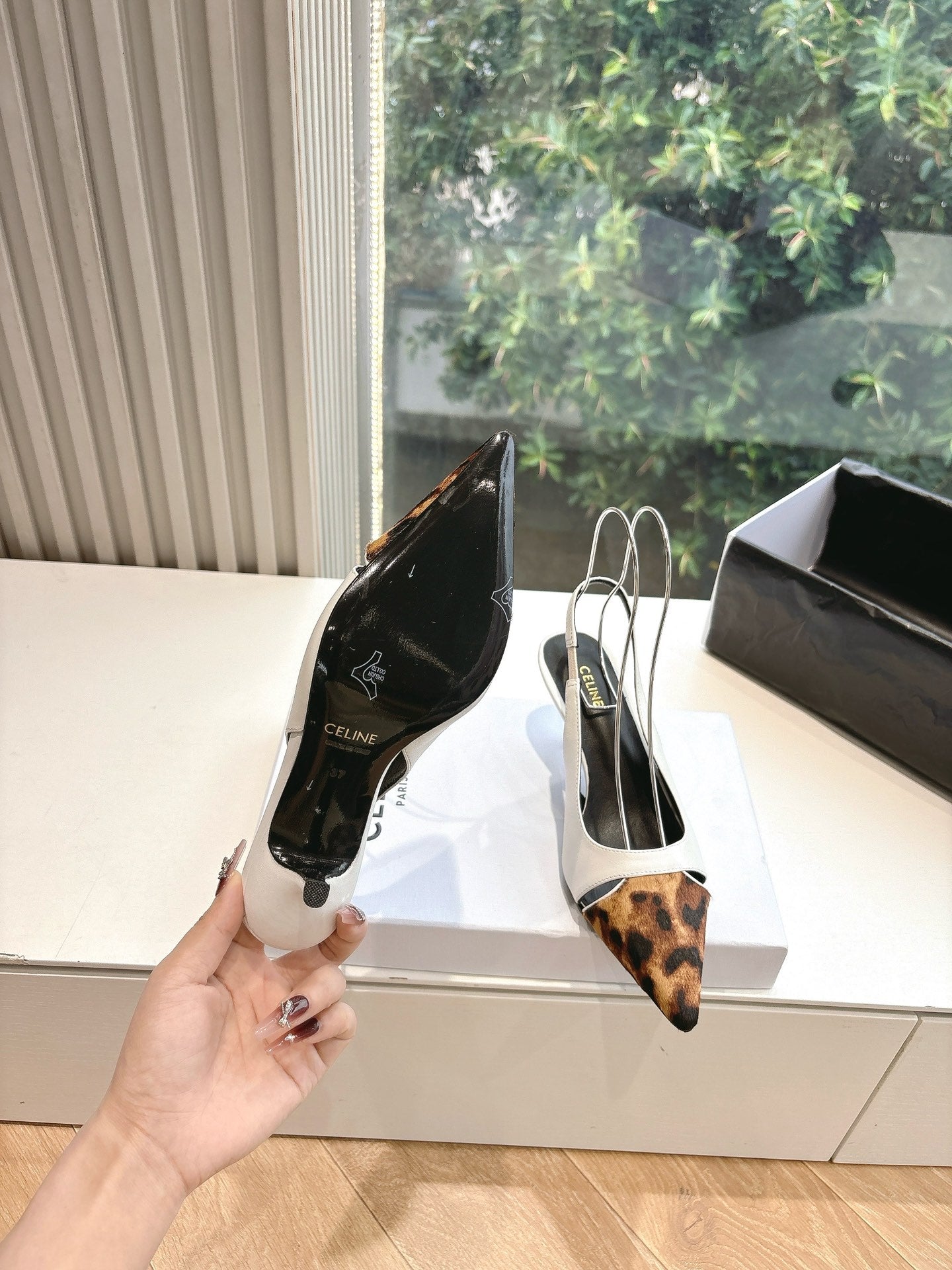 CELINE Slingback  Leopard  White Leather 285985