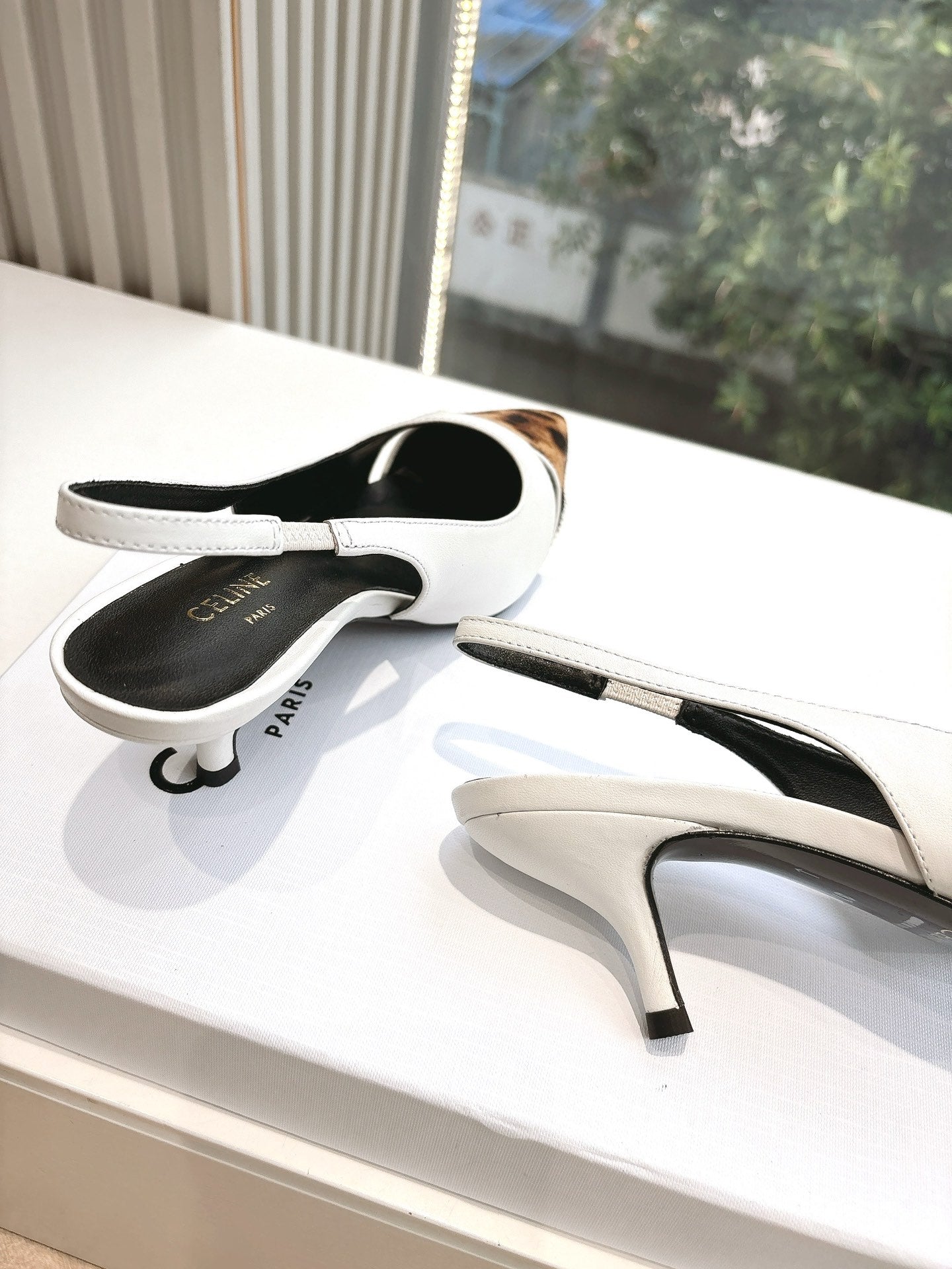 CELINE Slingback  Leopard  White Leather 285985