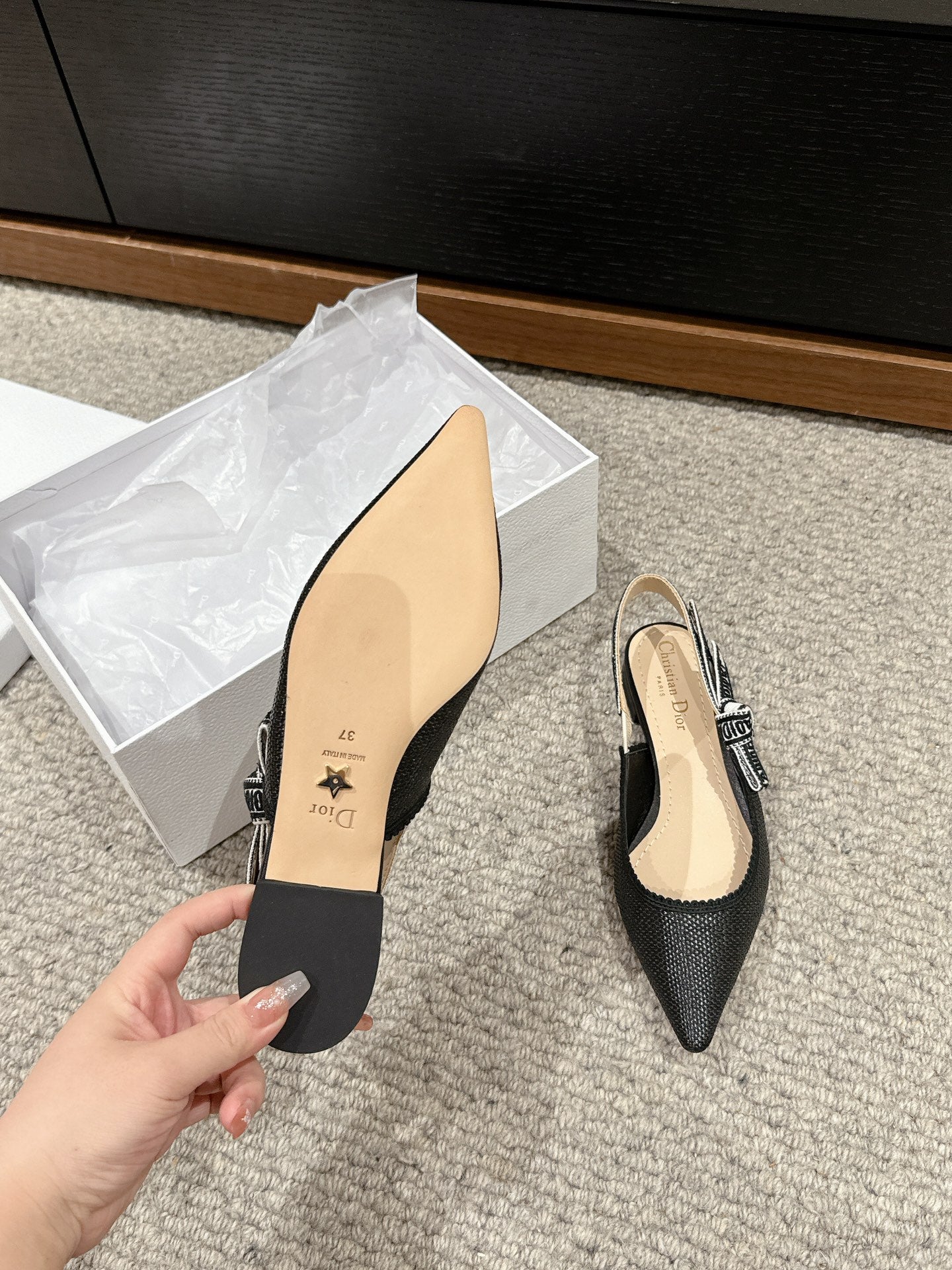 cd slingback flat black raffia lambskin