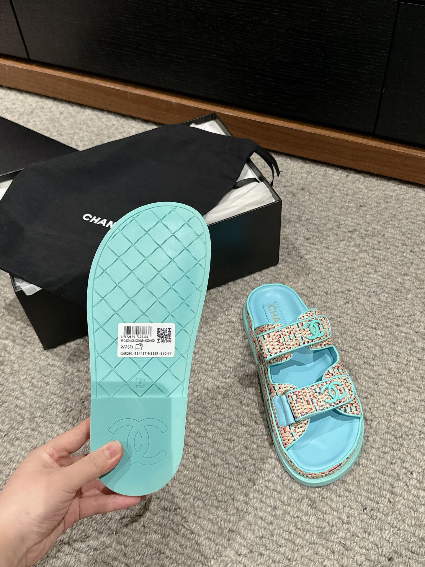 dad sandal mule cream raffia tiffany blue calfskin