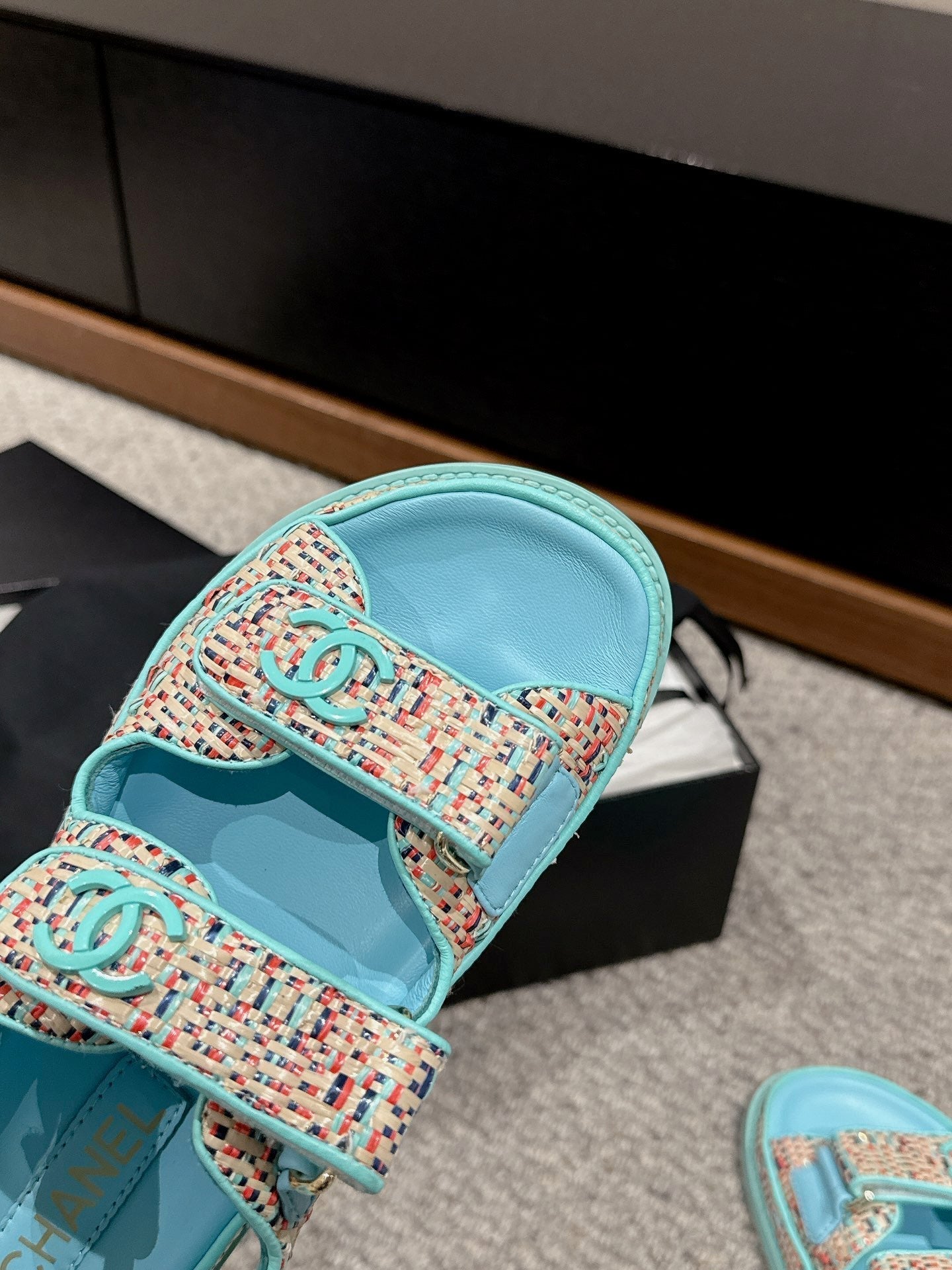 dad sandal mule cream raffia tiffany blue calfskin