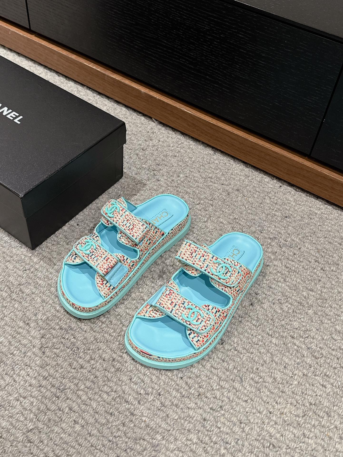 dad sandal mule cream raffia tiffany blue calfskin