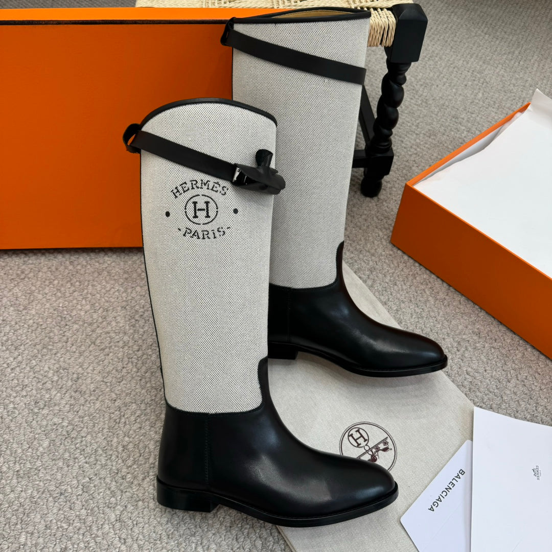 HM Jumping Boot In White Mix Black Calfskin And Burlap  973841