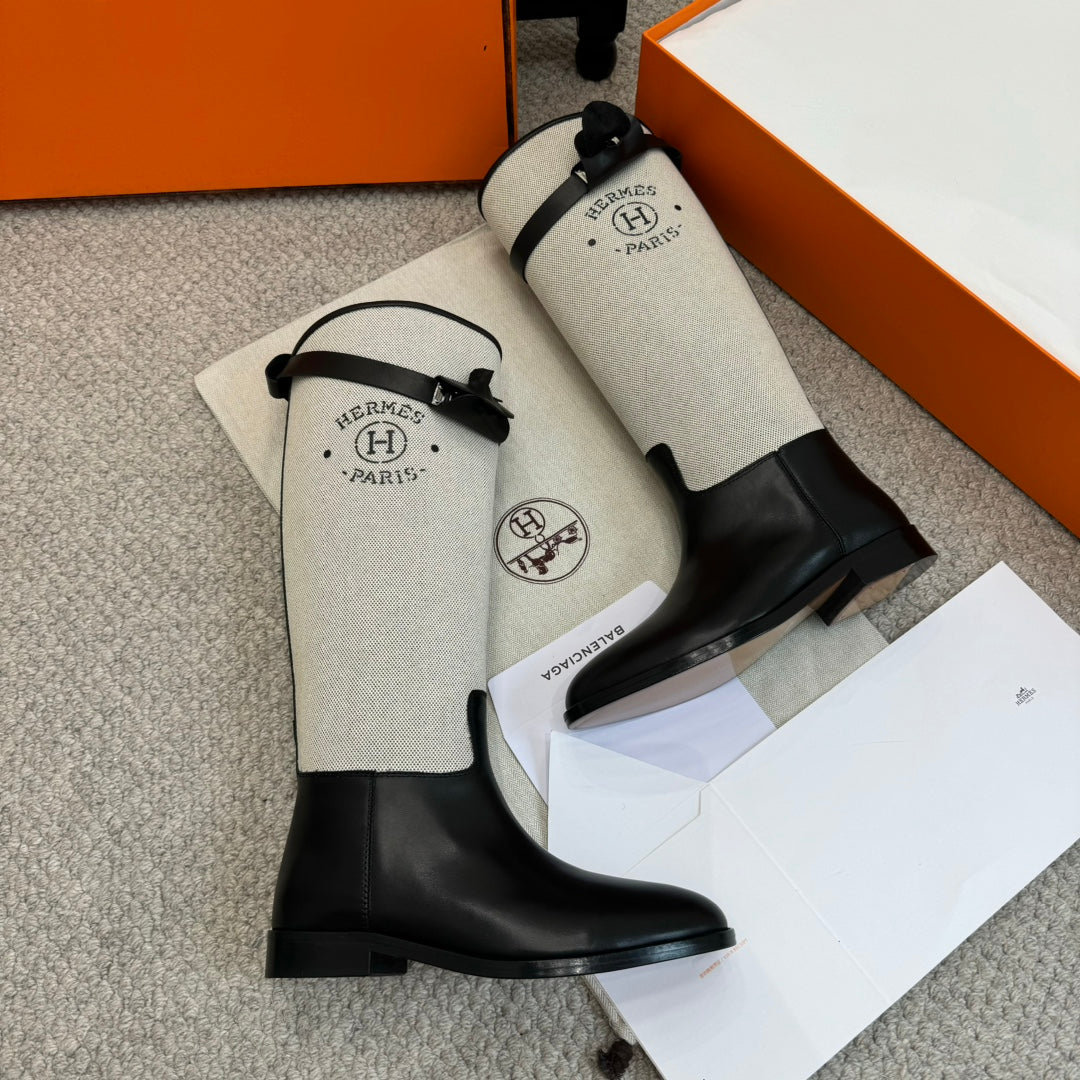 HM Jumping Boot In White Mix Black Calfskin And Burlap  973841