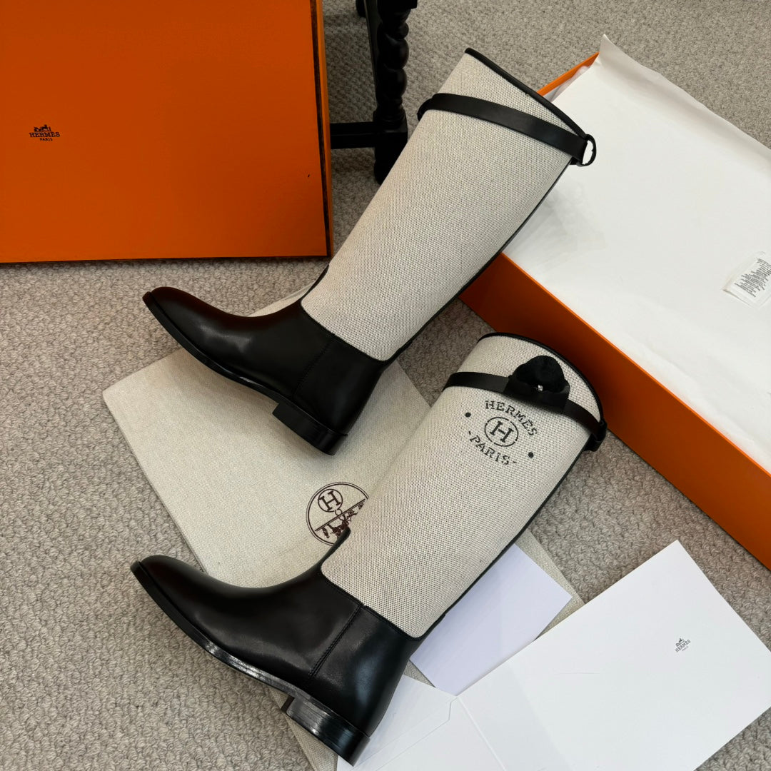 HM Jumping Boot In White Mix Black Calfskin And Burlap  973841