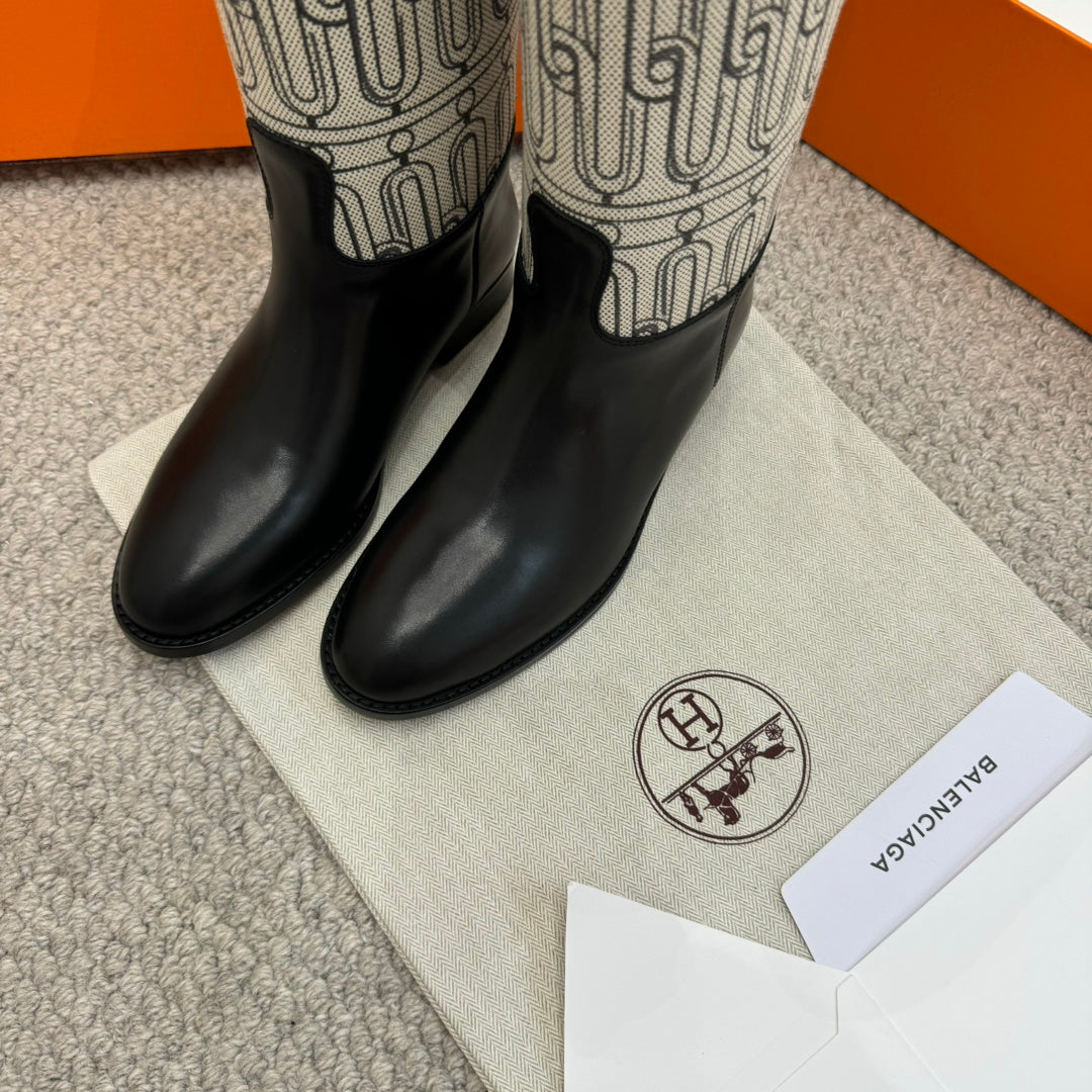 HM Jumping Boot In Black Mix White Calfskin And Burlap 973843