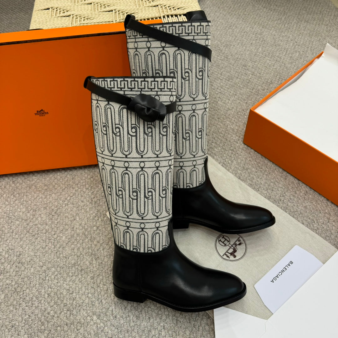 HM Jumping Boot In Black Mix White Calfskin And Burlap 973843