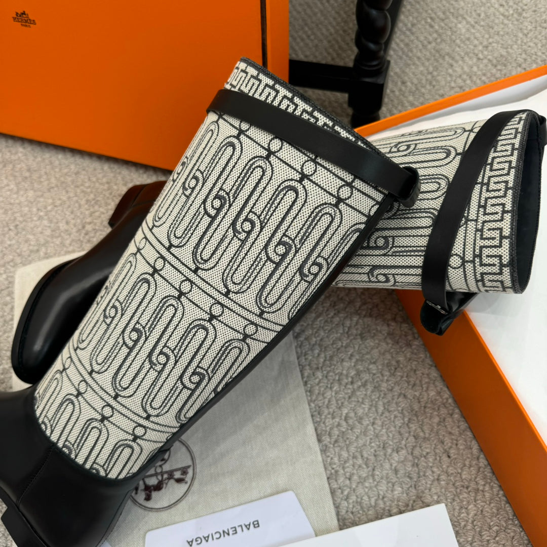 HM Jumping Boot In Black Mix White Calfskin And Burlap 973843