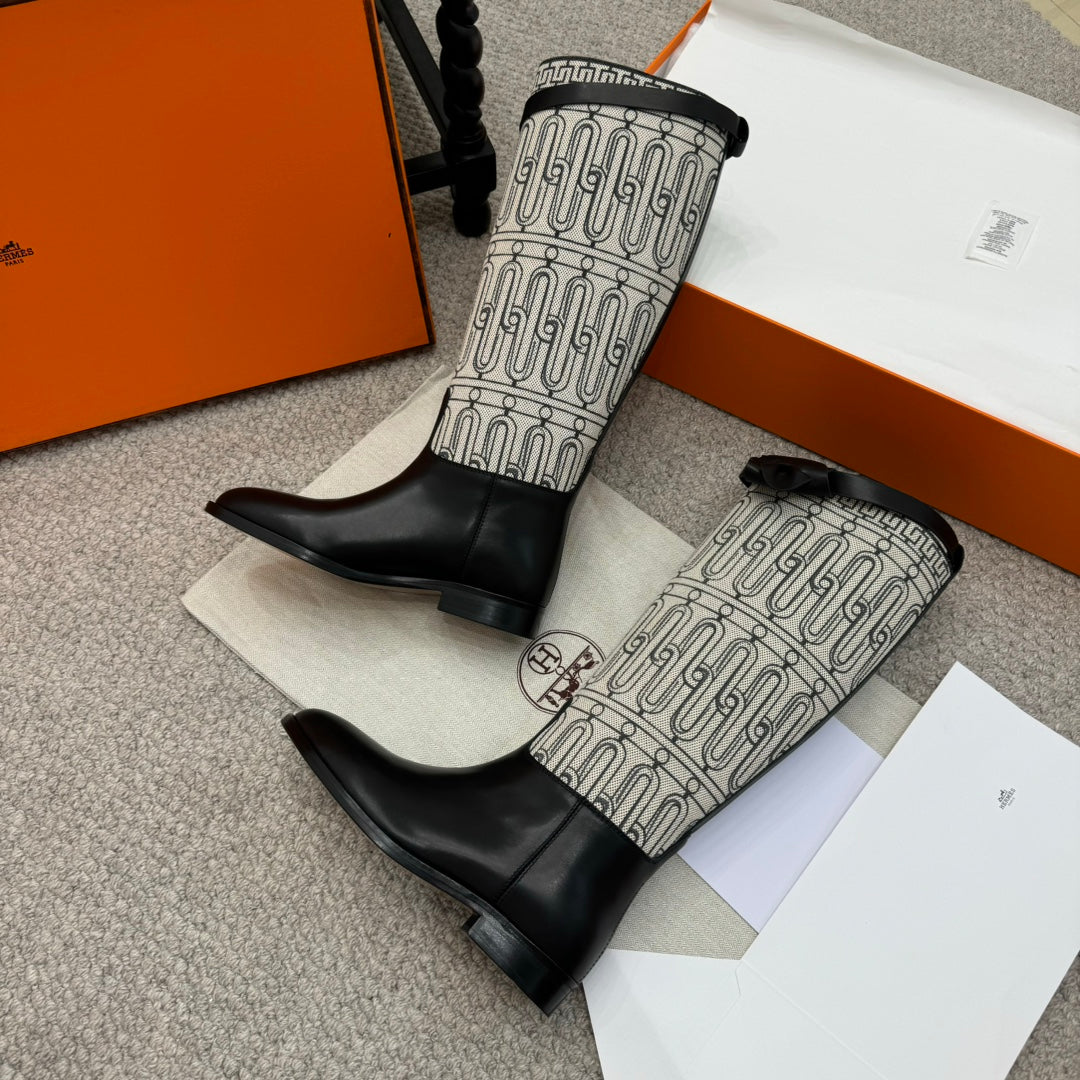 HM Jumping Boot In Black Mix White Calfskin And Burlap 973843