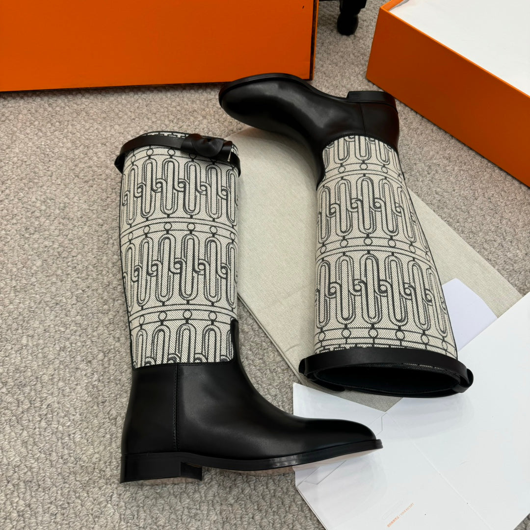 HM Jumping Boot In Black Mix White Calfskin And Burlap 973843