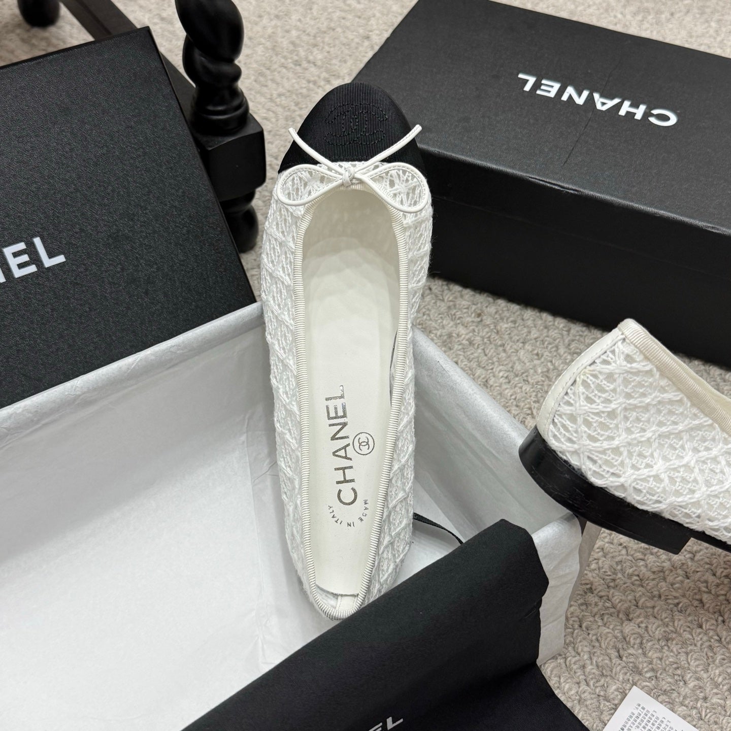 CC 25p Ballet Flat White Cotton Mesh Fabric Grosgrain