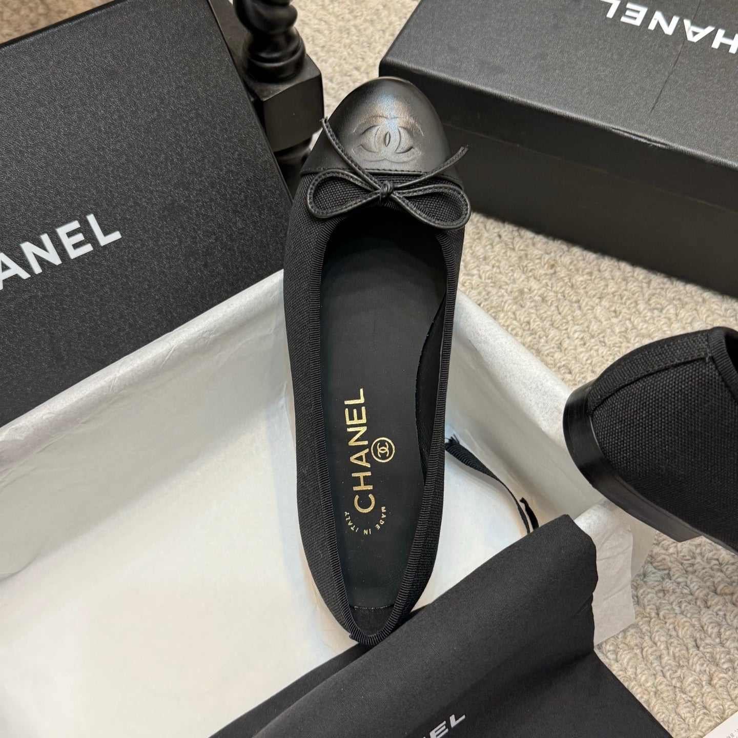 CC 25p Ballet Flat Black Canvas Calfskin