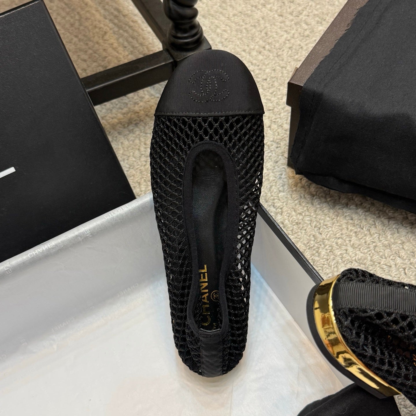 CC 25C Ballet Flat Black Mesh Fabric Grosgrain