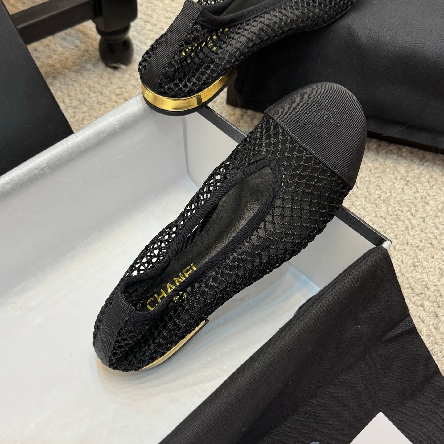 CC 25C Ballet Flat Black Mesh Fabric Grosgrain