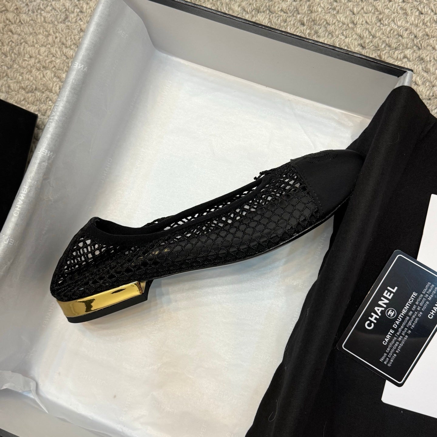 CC 25C Ballet Flat Black Mesh Fabric Grosgrain