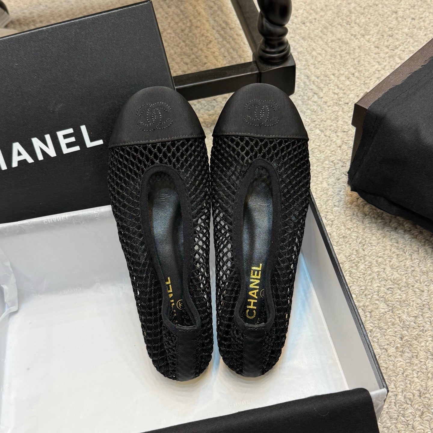 CC 25C Ballet Flat Black Mesh Fabric Grosgrain