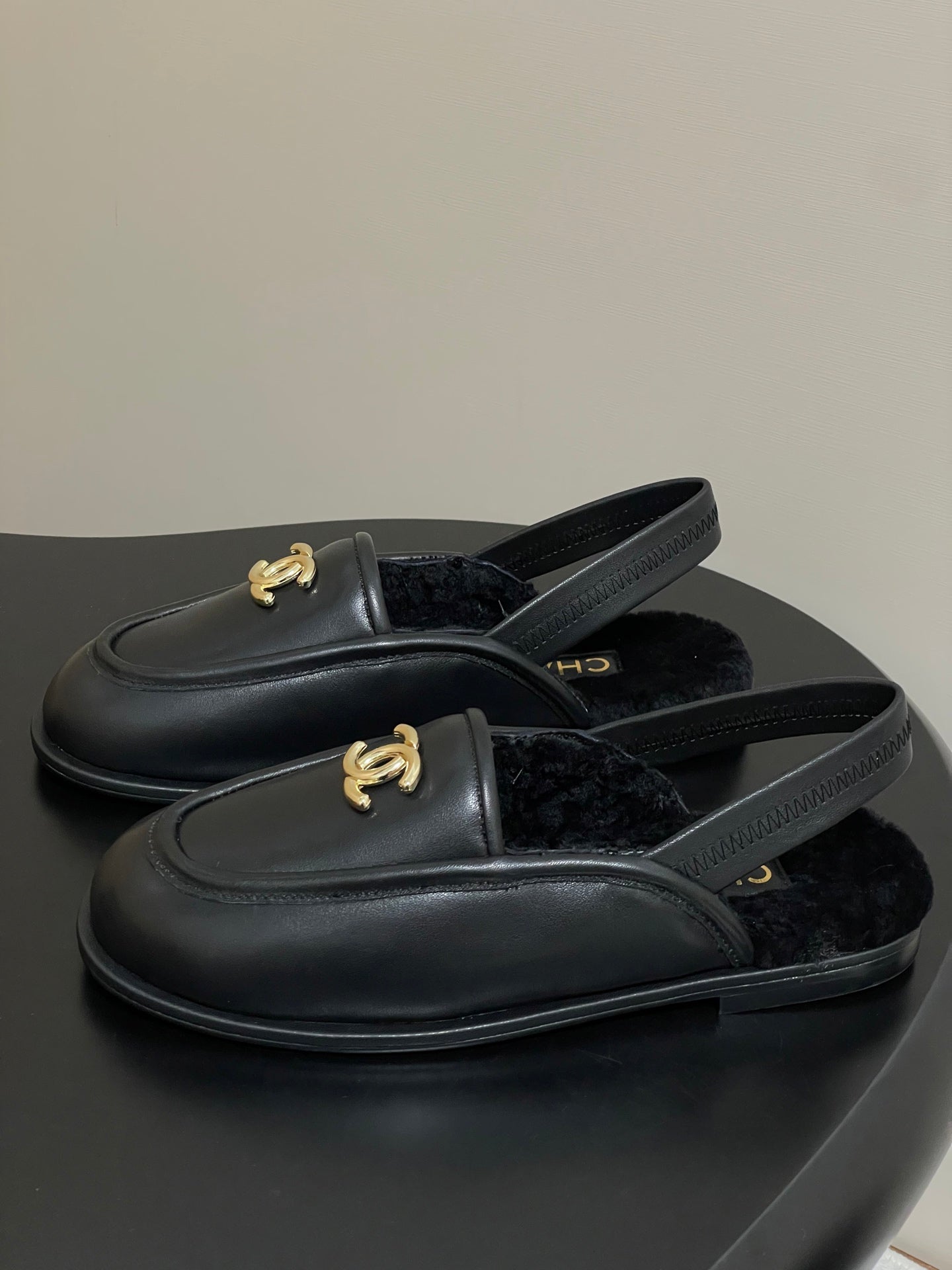 CC 25A Slingback Loafer Black Sherpa Calfskin