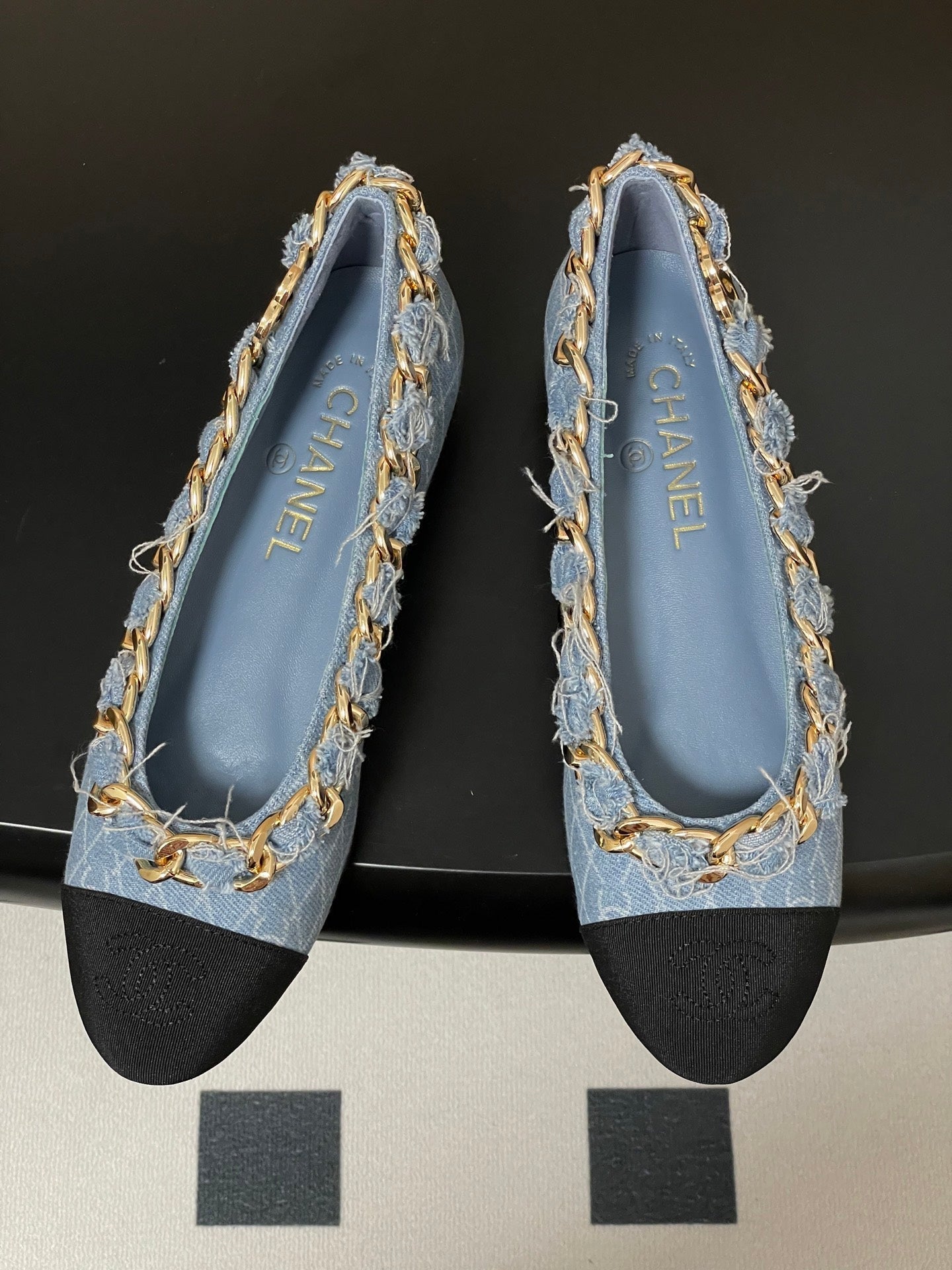 Chanel 25A Ballet Flats Big Chain Double C Blue Denim Sheepskin 393817