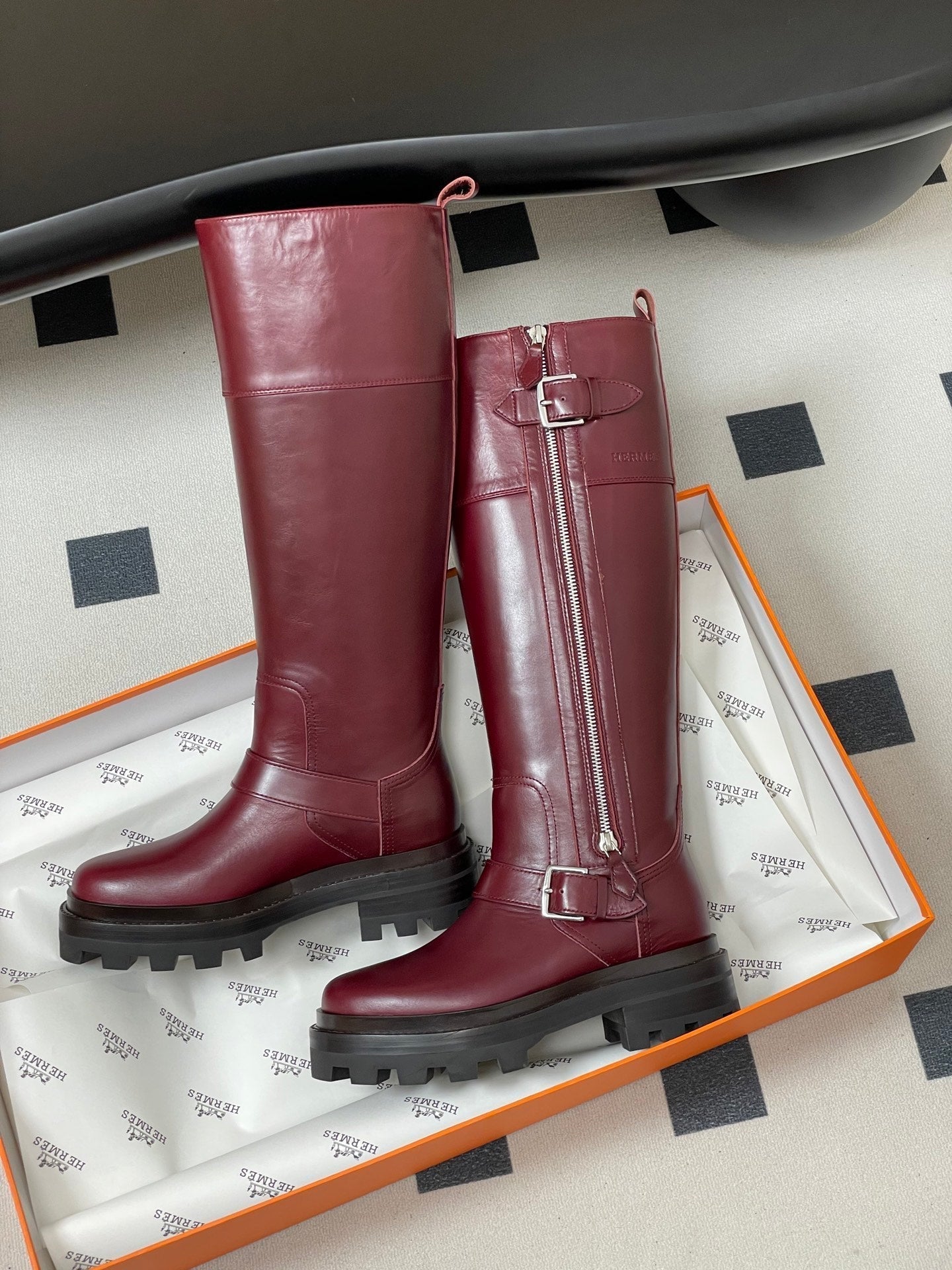 HM Jumping Boots 50 Wine Red Edge Lock Calfskin