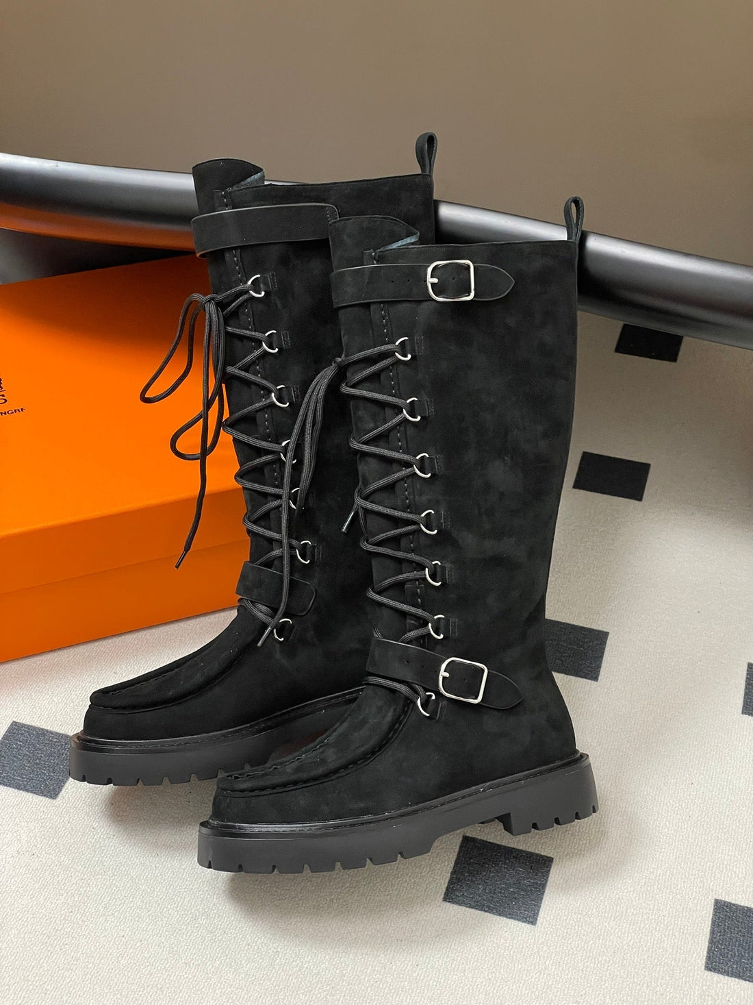 HM lace up boots belt buckle black suede