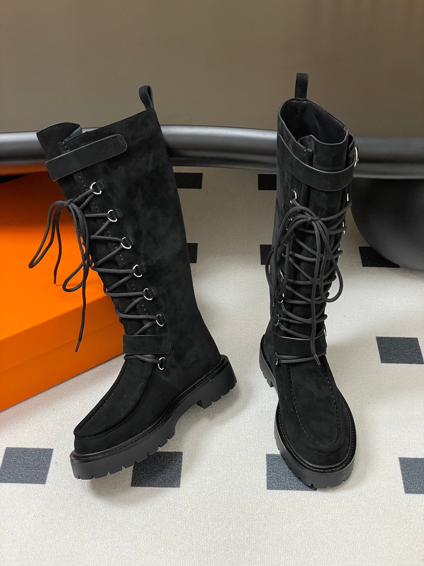 HM lace up boots belt buckle black suede