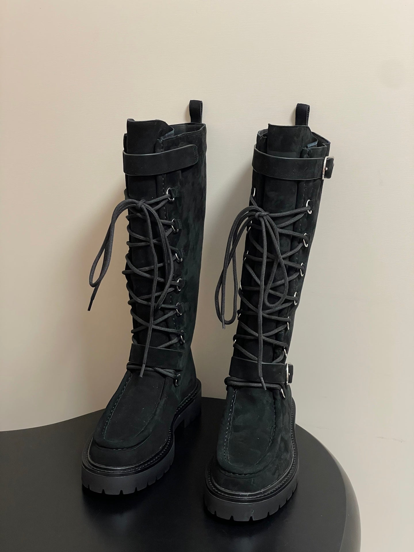 HM lace up boots belt buckle black suede