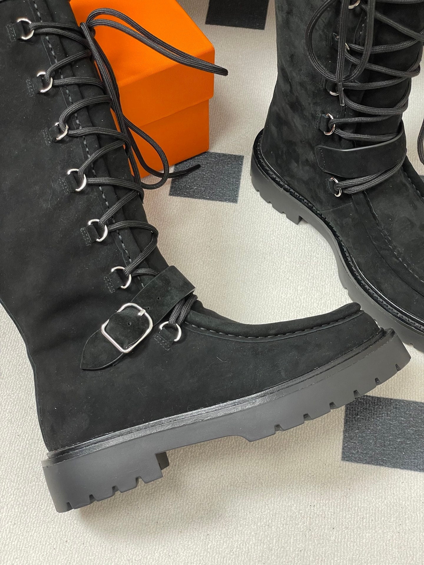 HM lace up boots belt buckle black suede