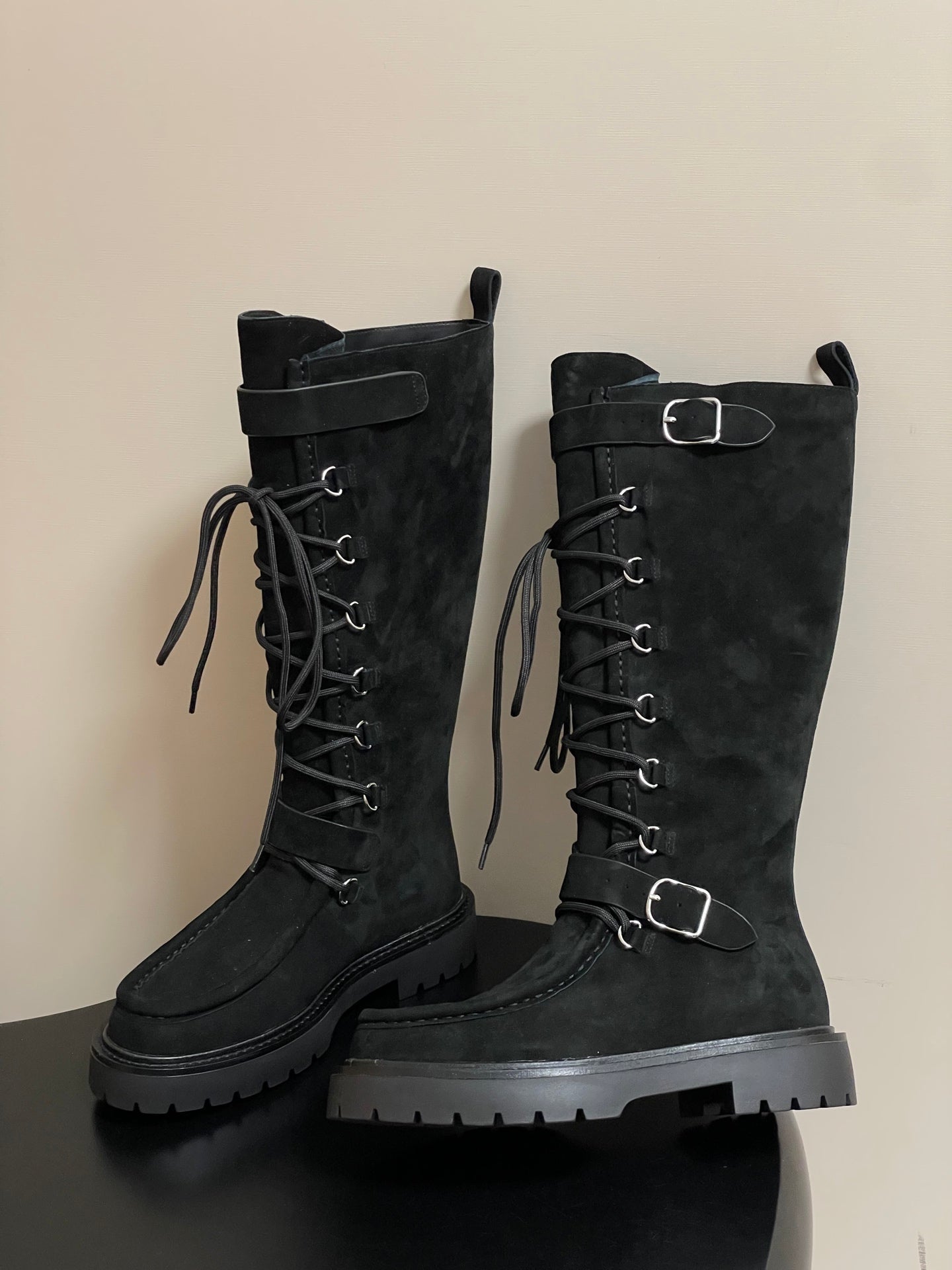 HM lace up boots belt buckle black suede