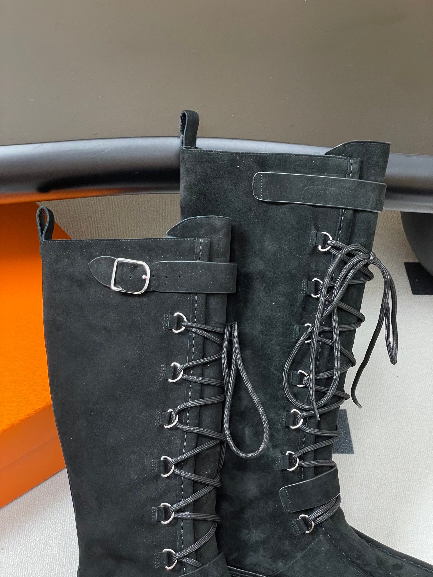 HM lace up boots belt buckle black suede