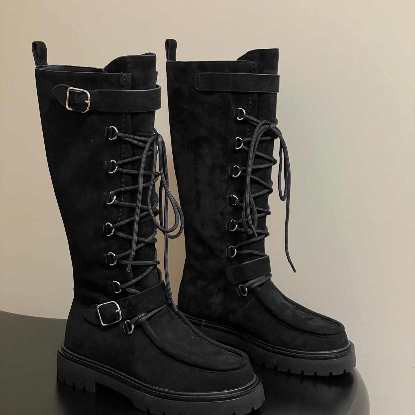 HM lace up boots belt buckle black suede