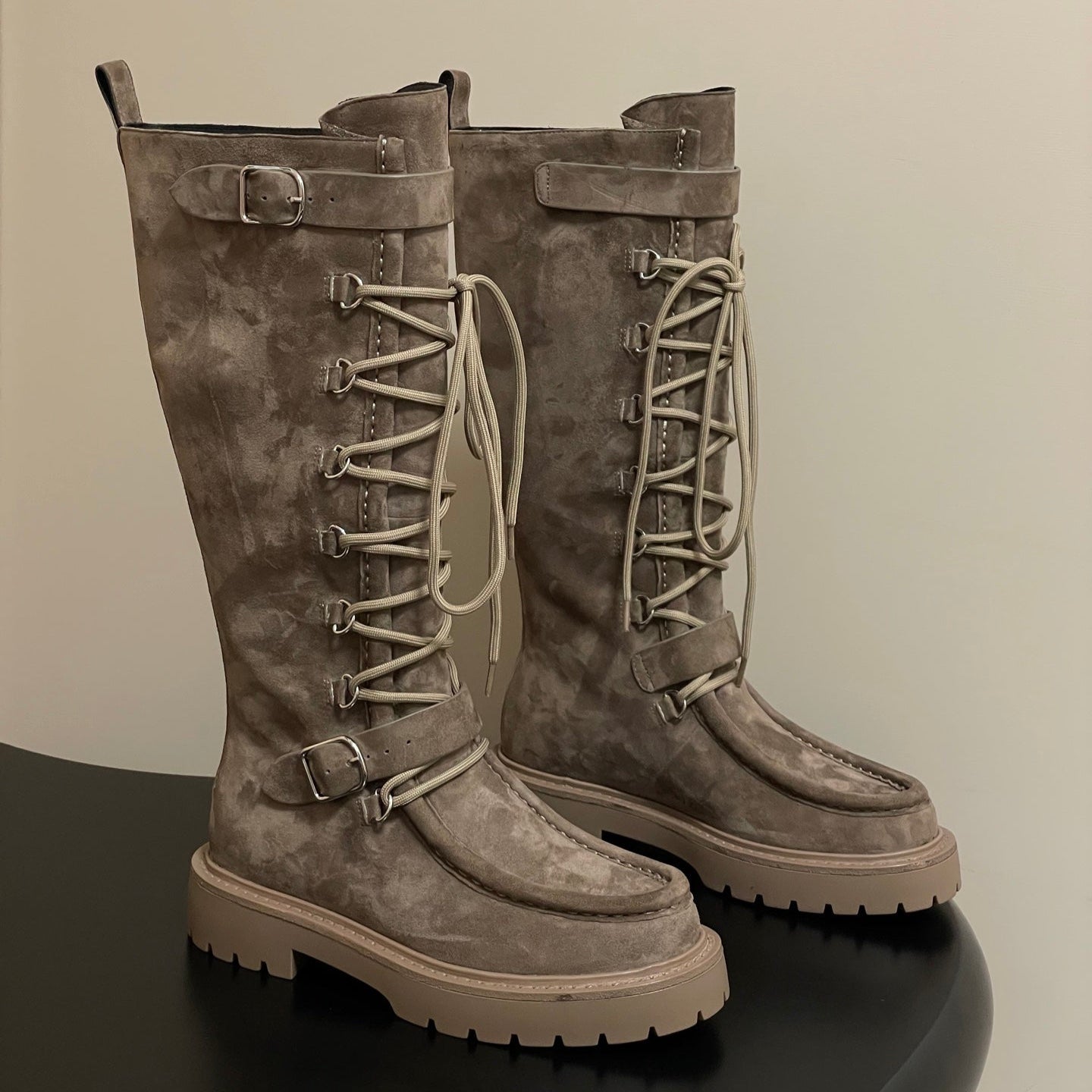 HM lace up boots belt buckle taupe suede