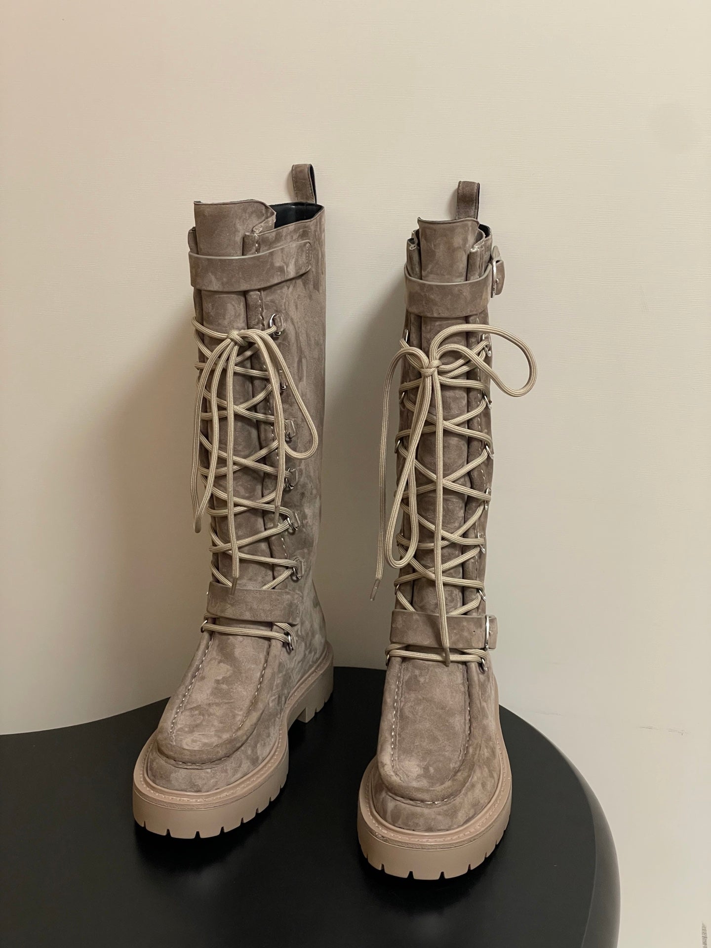 HM lace up boots belt buckle taupe suede