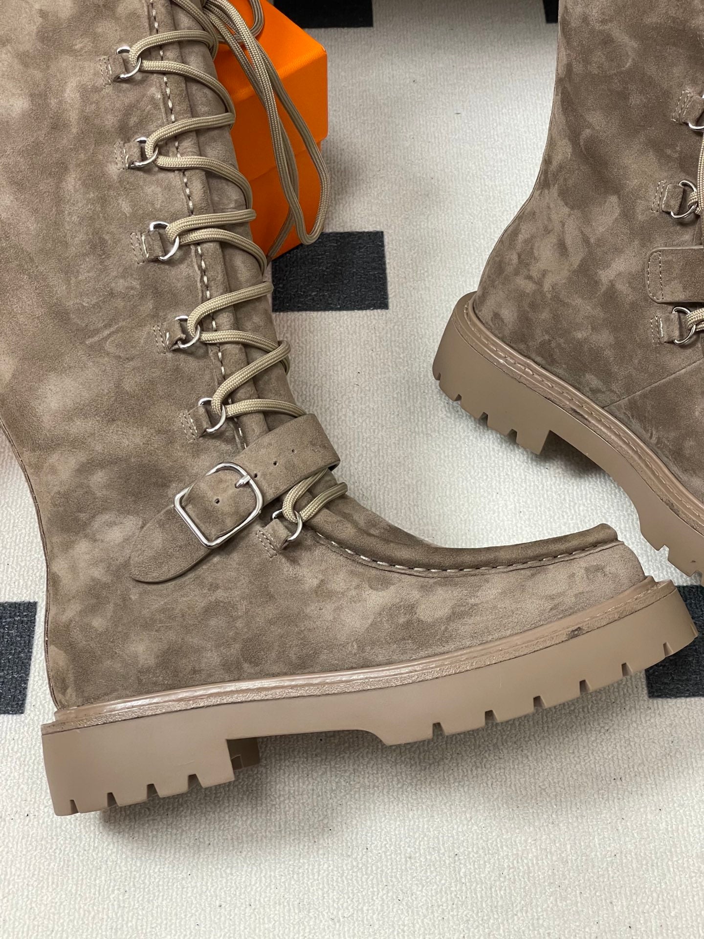 HM lace up boots belt buckle taupe suede