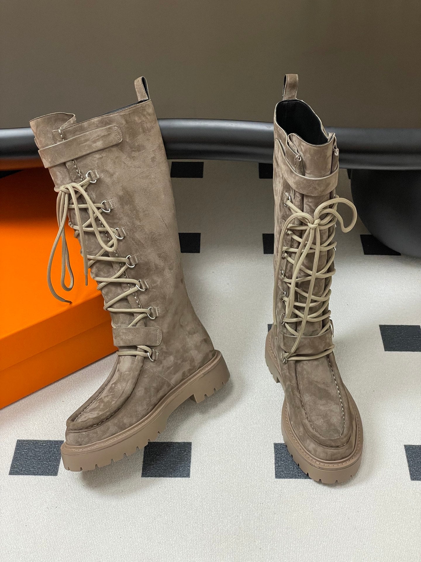 HM lace up boots belt buckle taupe suede