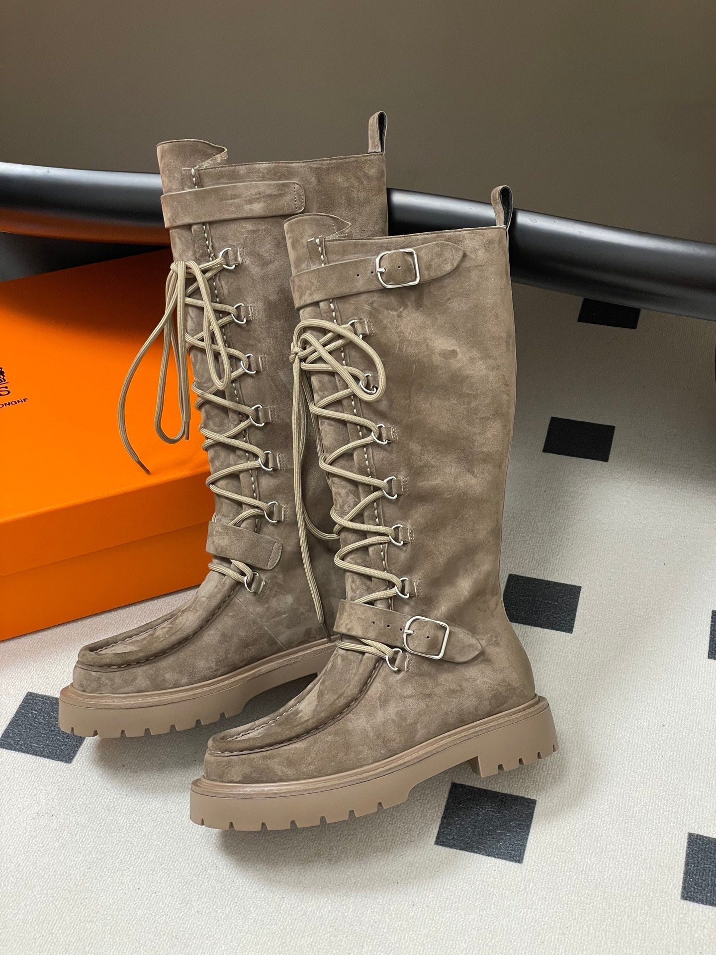 HM lace up boots belt buckle taupe suede