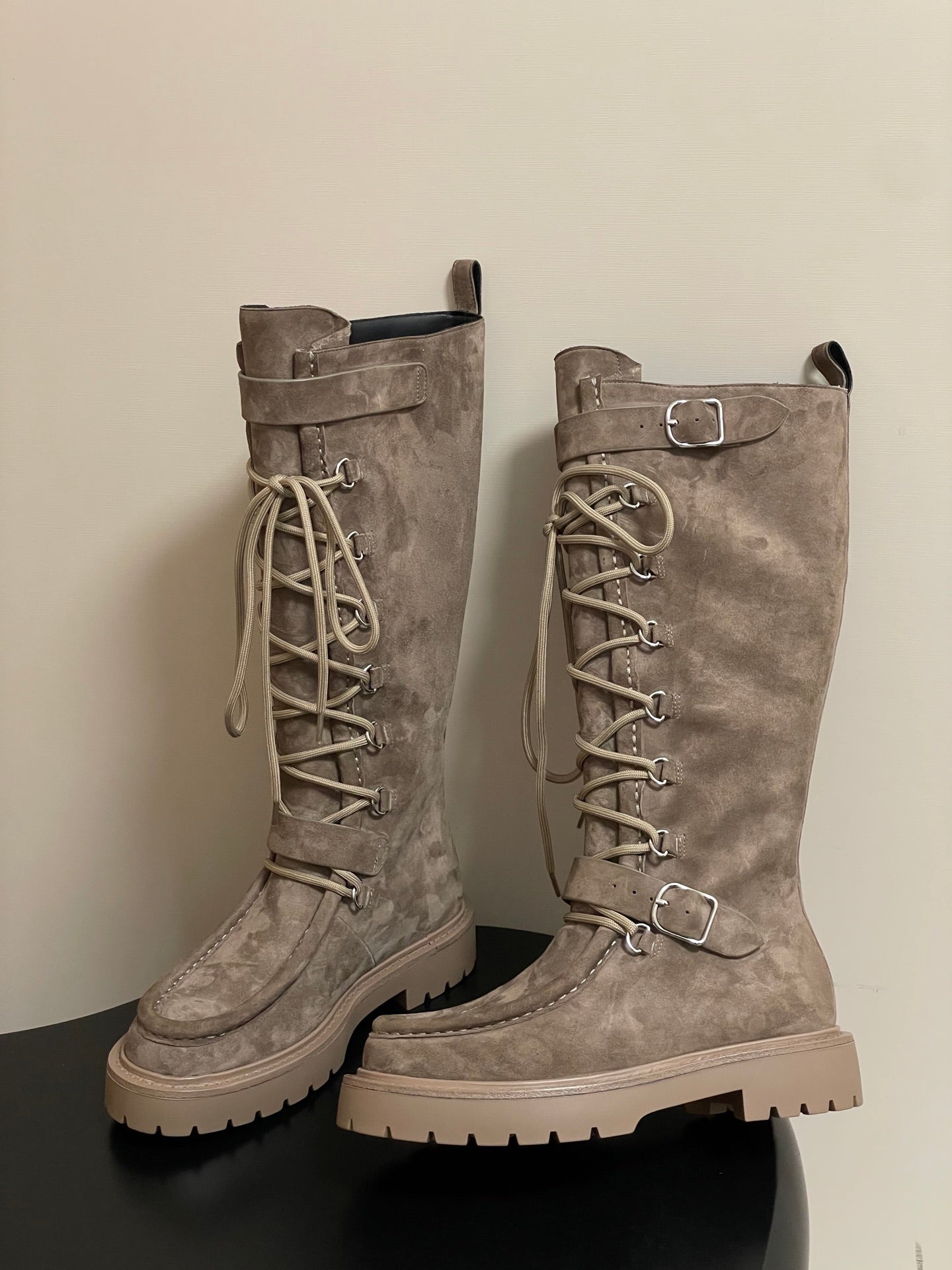 HM lace up boots belt buckle taupe suede