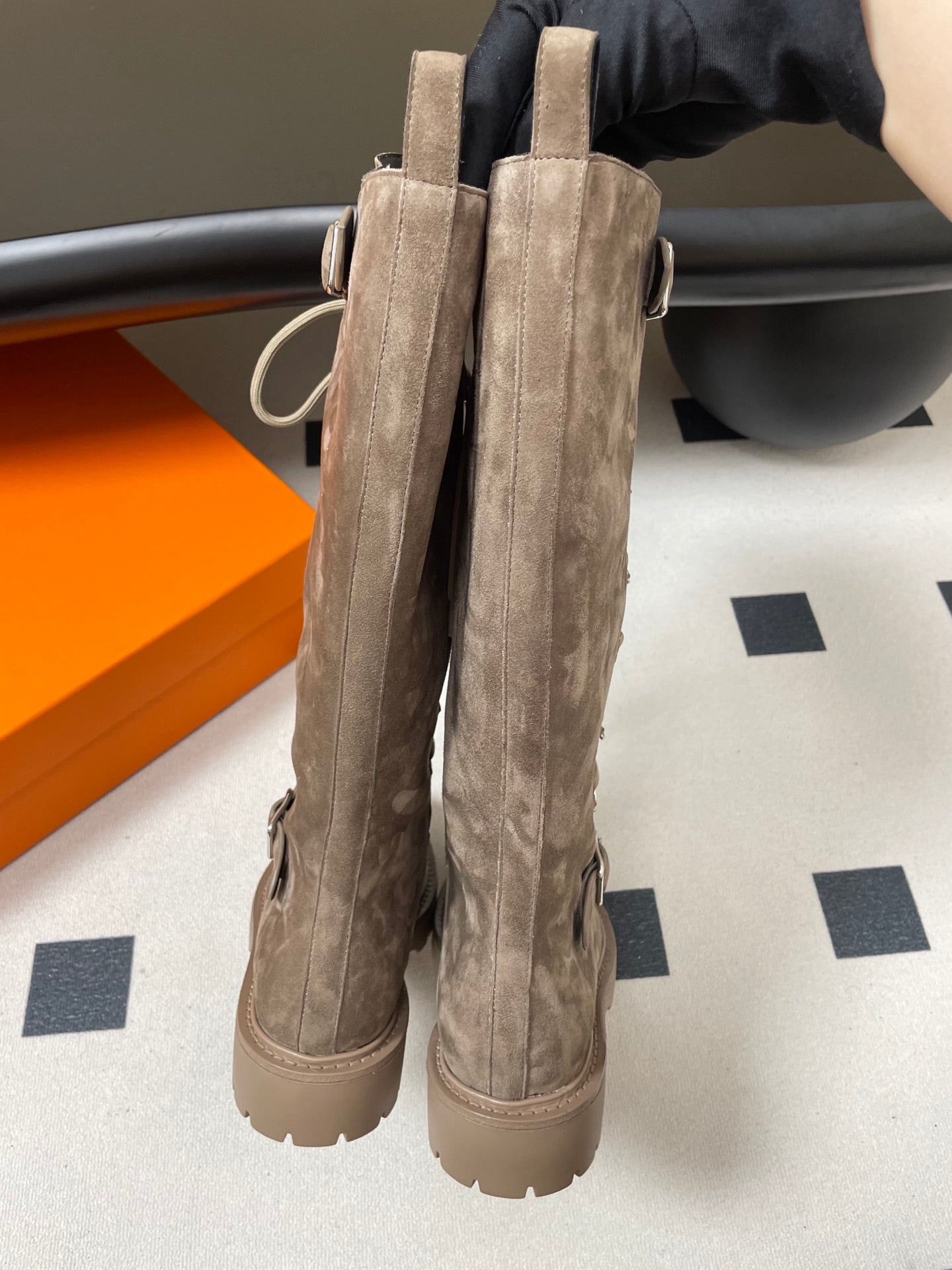 HM lace up boots belt buckle taupe suede