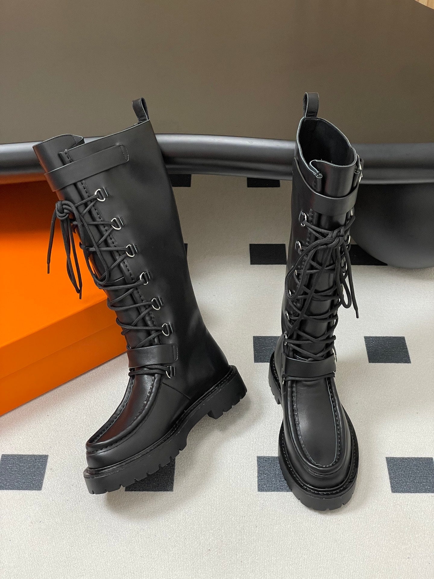 HM lace up boots belt buckle black leather