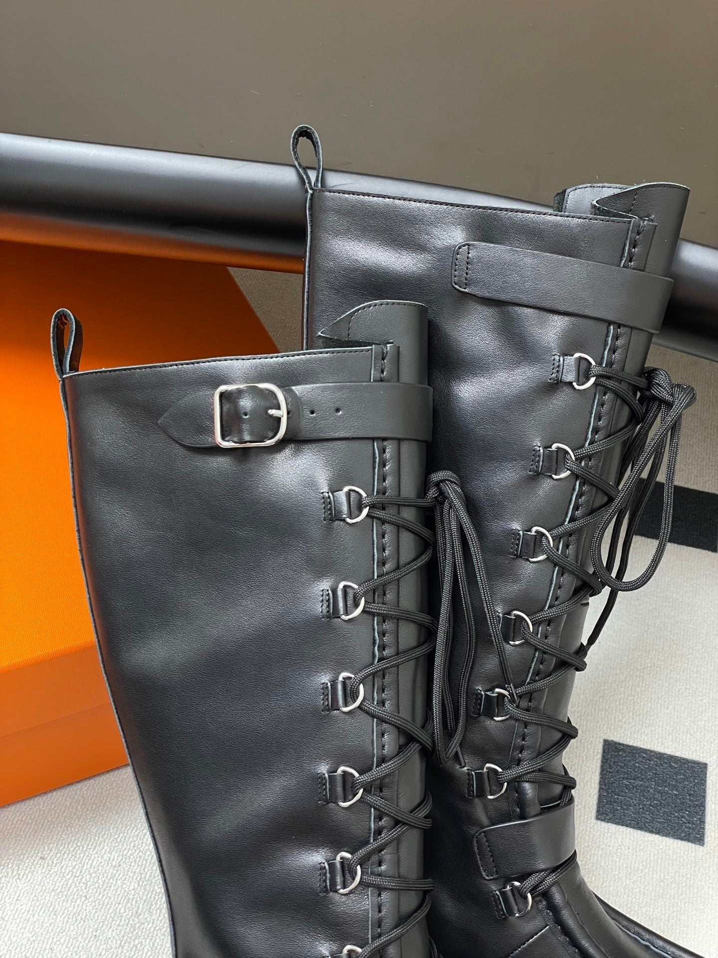 HM lace up boots belt buckle black leather