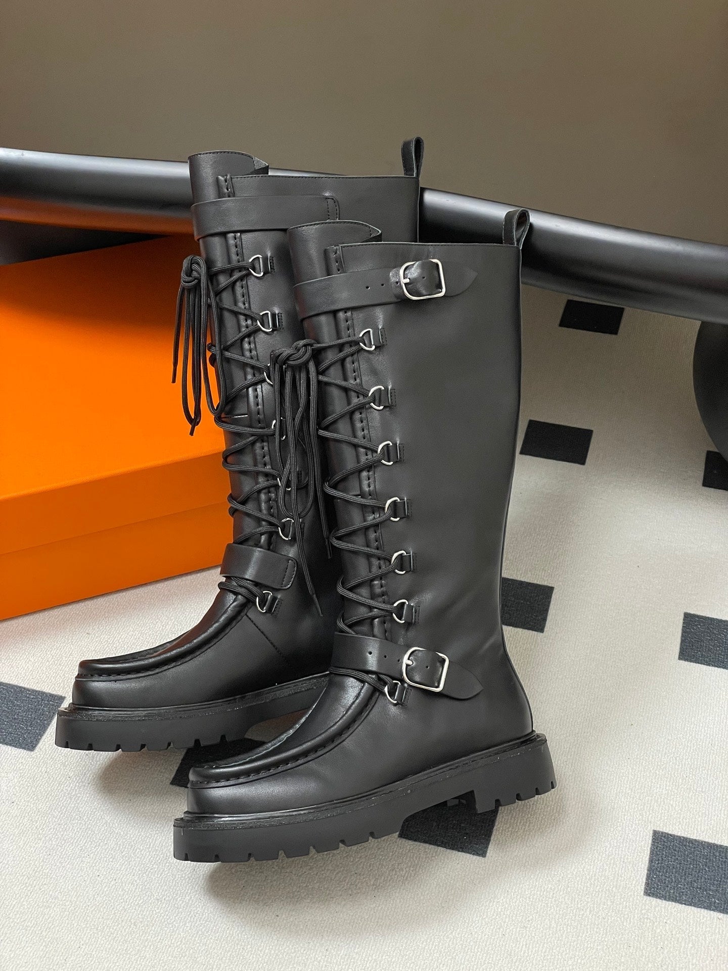 HM lace up boots belt buckle black leather