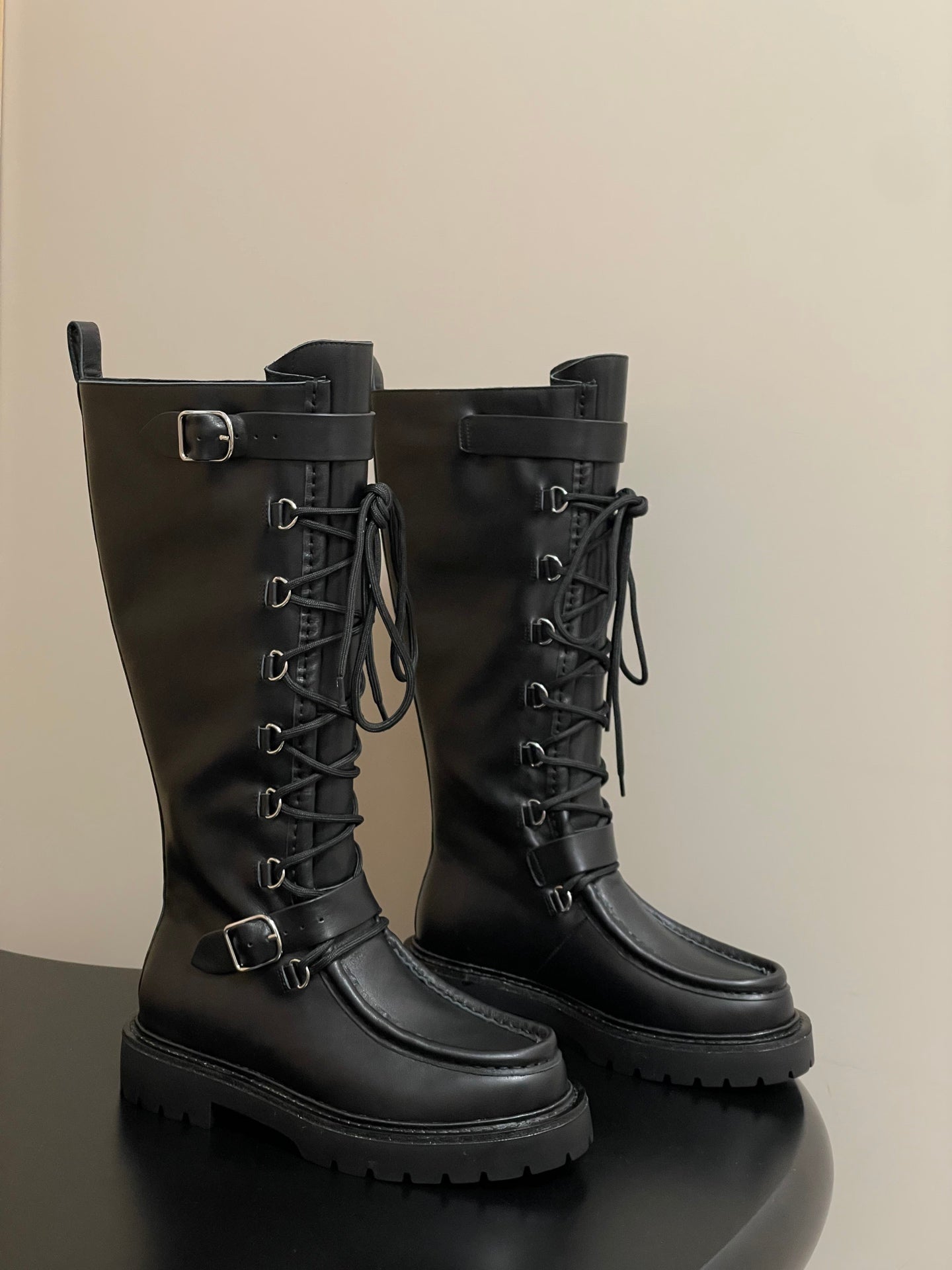 HM lace up boots belt buckle black leather