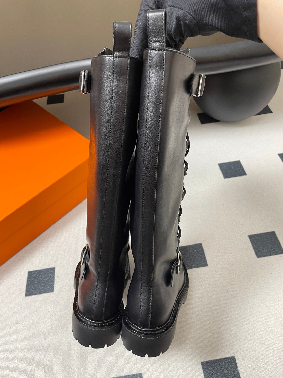 HM lace up boots belt buckle black leather