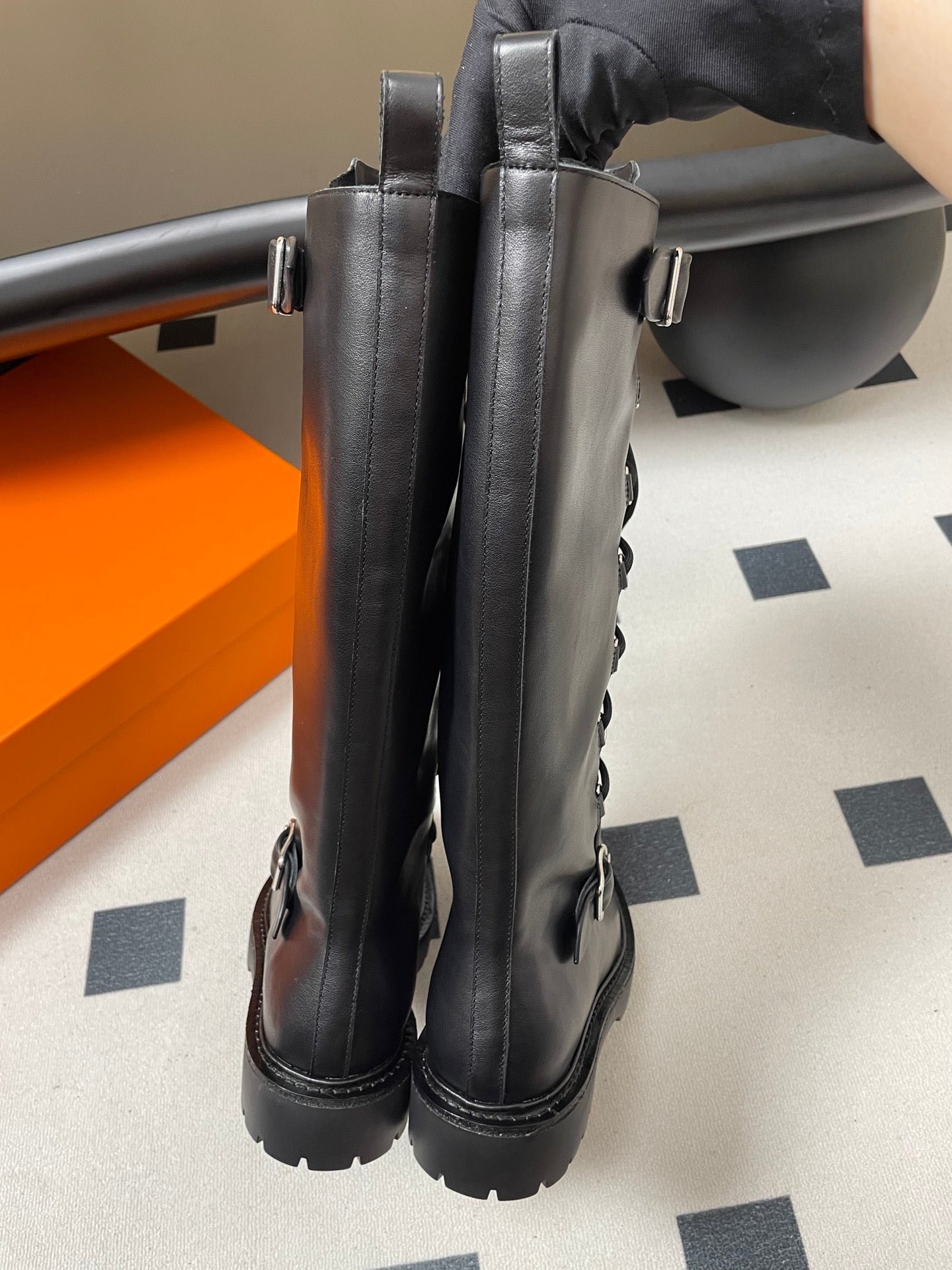 HM lace up boots belt buckle black leather